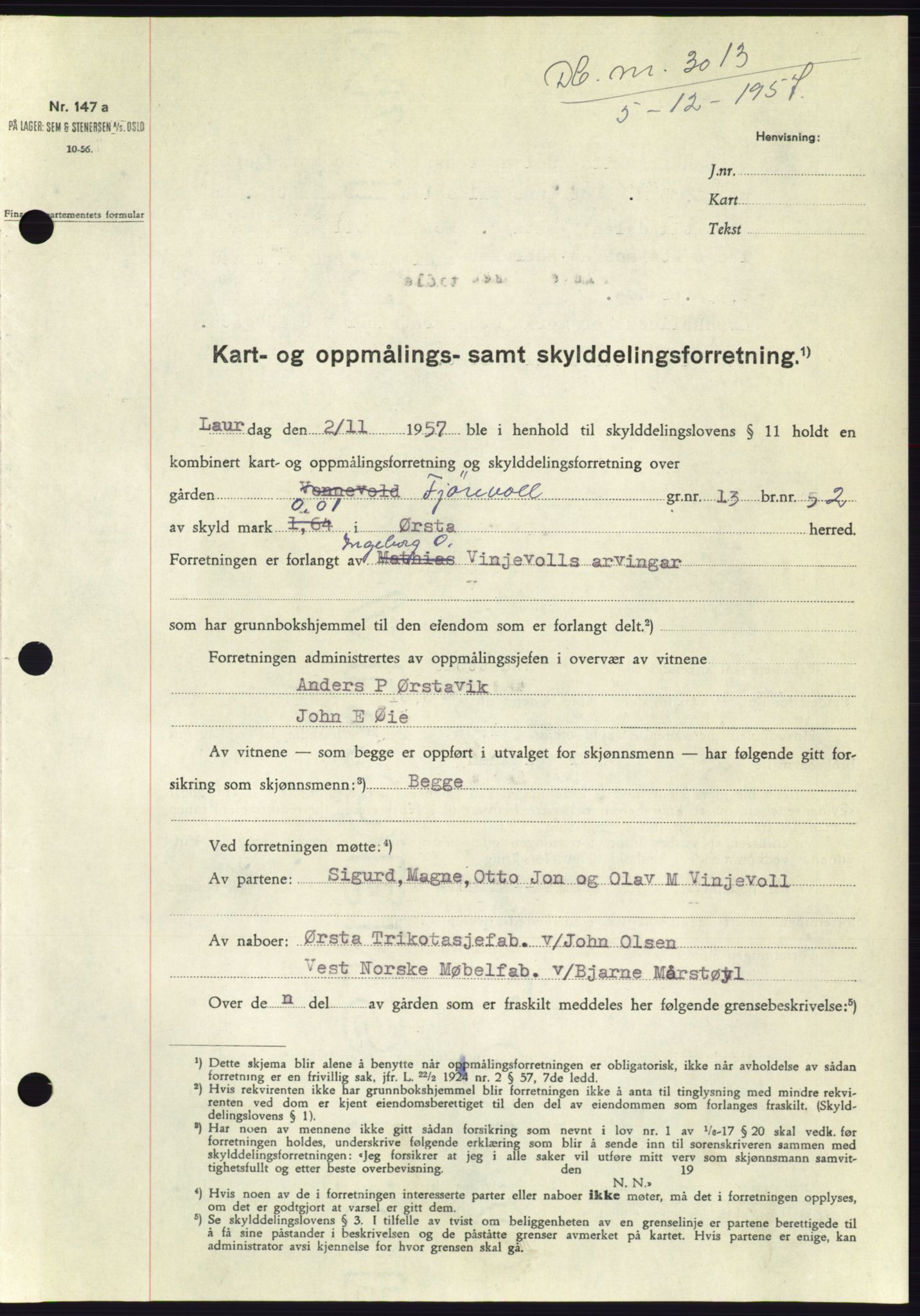 Søre Sunnmøre sorenskriveri, AV/SAT-A-4122/1/2/2C/L0108: Pantebok nr. 34A, 1957-1958, Dagboknr: 3013/1957
