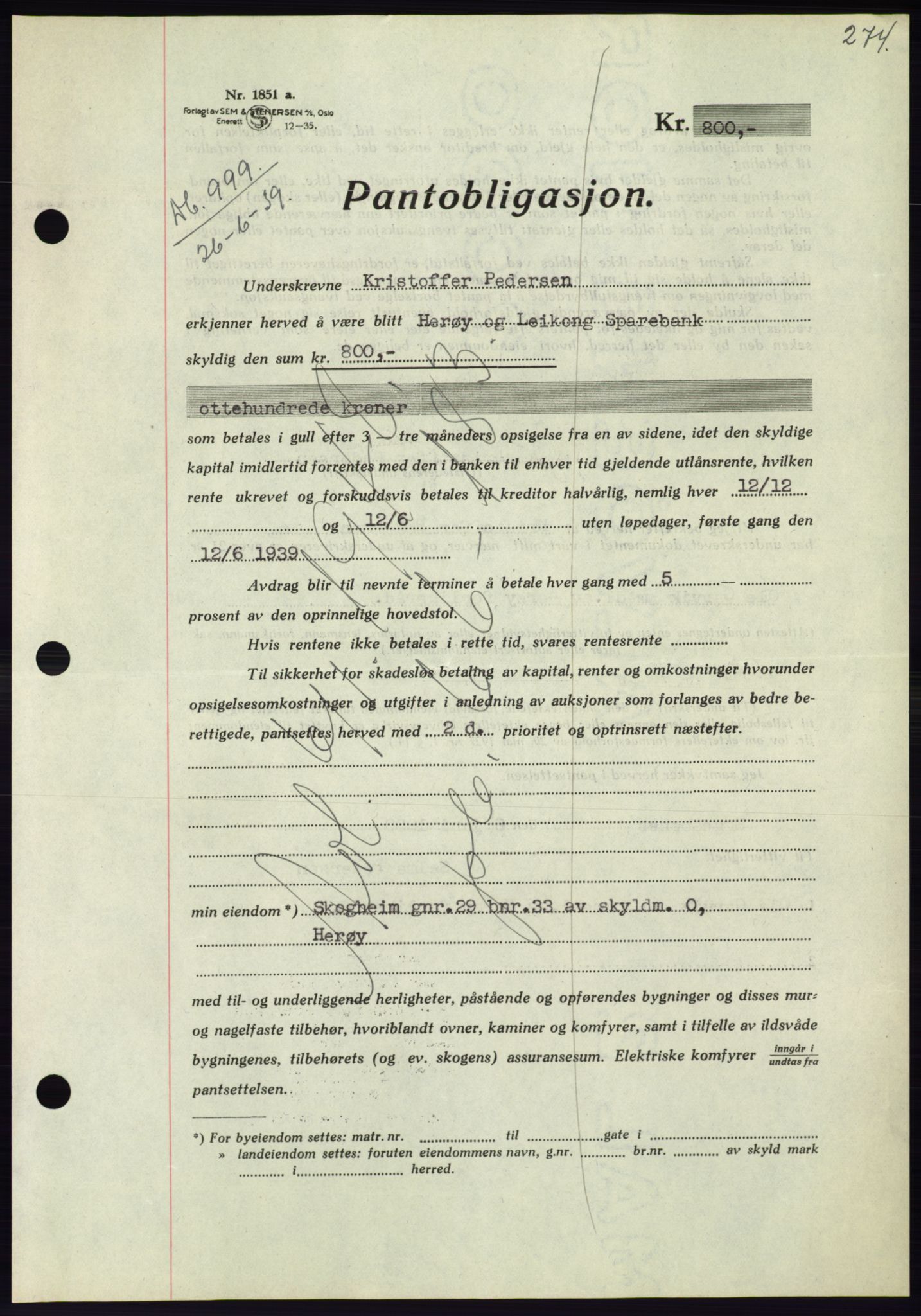 Søre Sunnmøre sorenskriveri, AV/SAT-A-4122/1/2/2C/L0068: Pantebok nr. 62, 1939-1939, Dagboknr: 999/1939