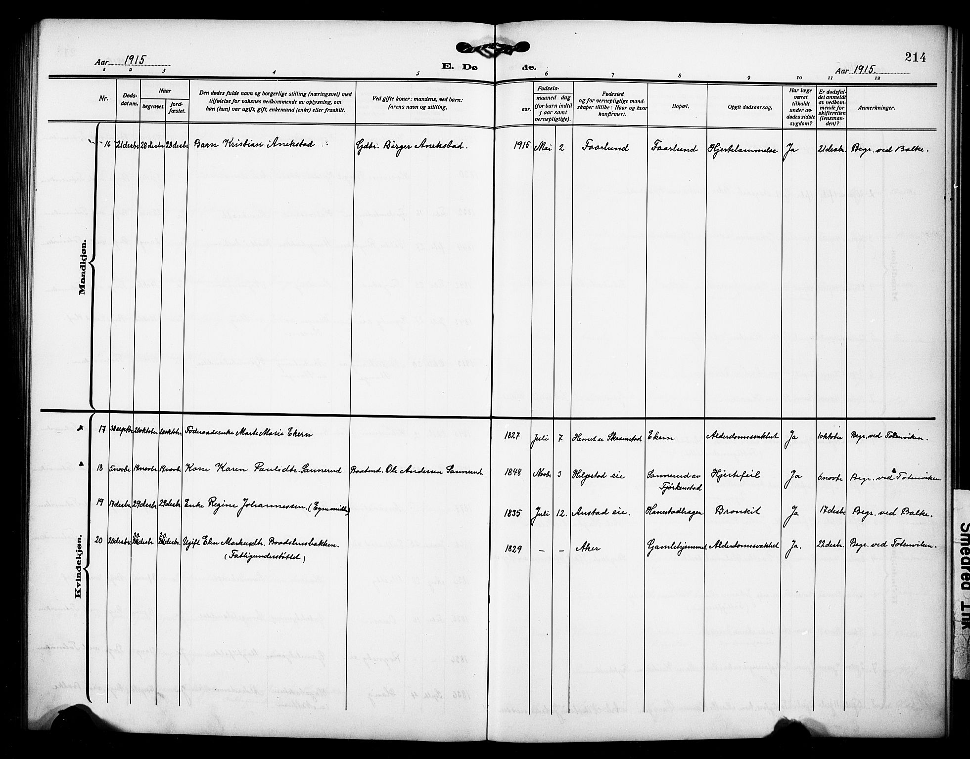 Østre Toten prestekontor, AV/SAH-PREST-104/H/Ha/Hab/L0008: Klokkerbok nr. 8, 1913-1929, s. 214