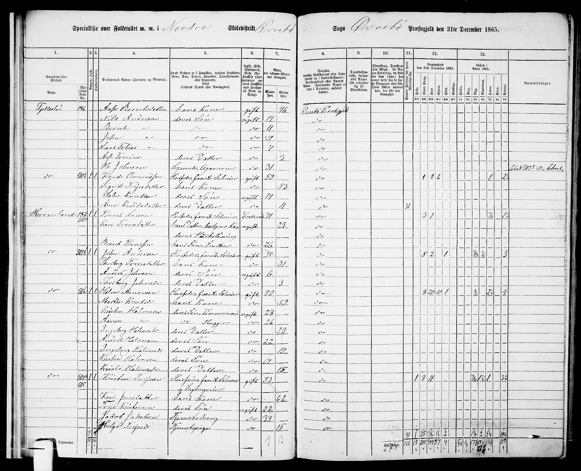 RA, Folketelling 1865 for 1016P Øvrebø prestegjeld, 1865, s. 22