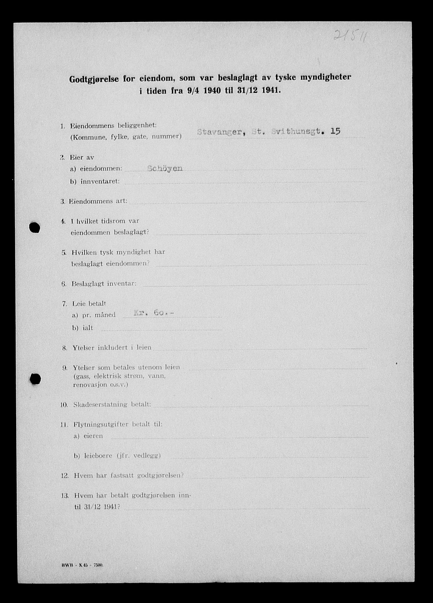 Justisdepartementet, Tilbakeføringskontoret for inndratte formuer, AV/RA-S-1564/I/L1014: Godtgjørelse for beslaglagt eiendom, 1940-1941, s. 120