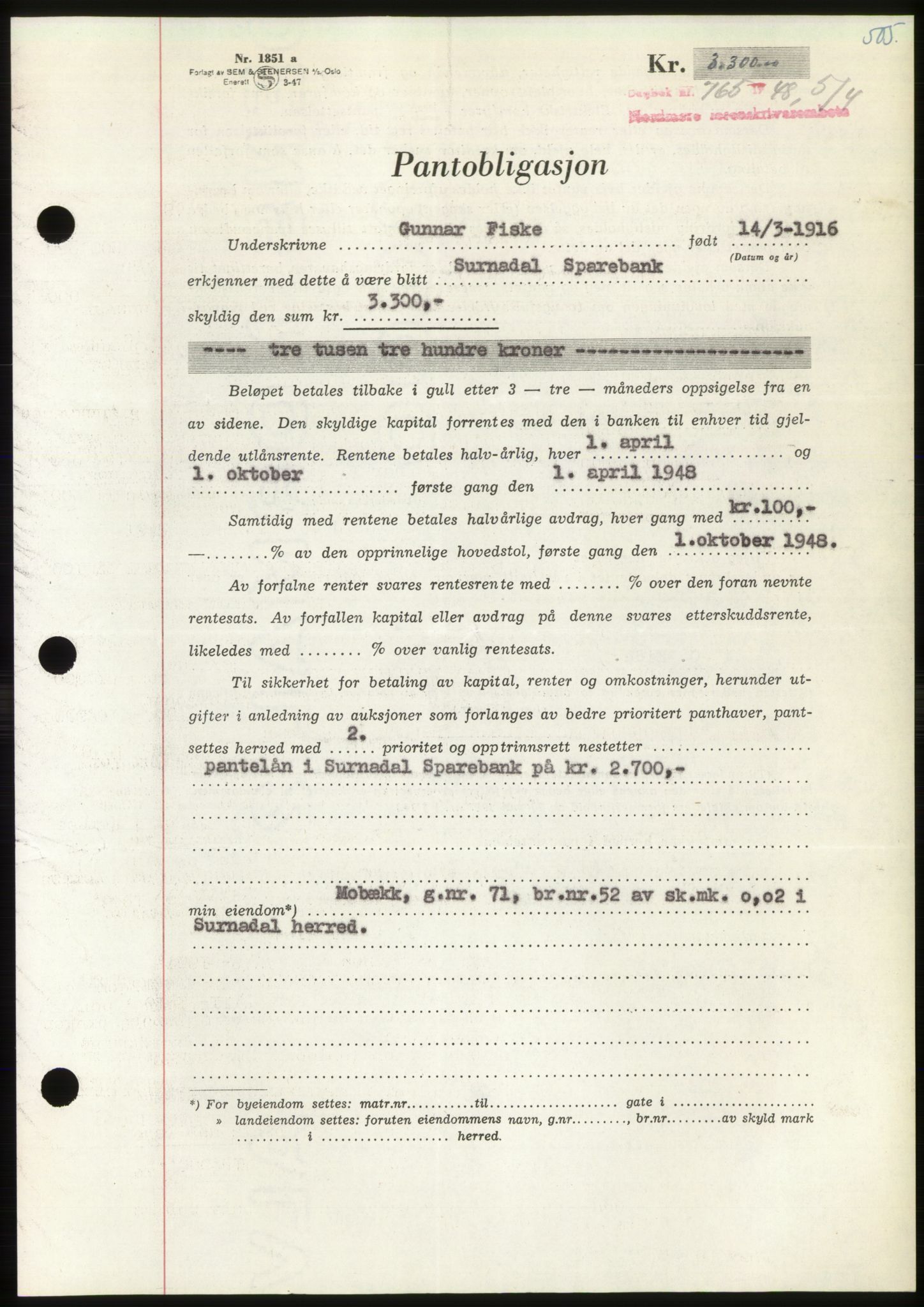 Nordmøre sorenskriveri, AV/SAT-A-4132/1/2/2Ca: Pantebok nr. B98, 1948-1948, Dagboknr: 765/1948