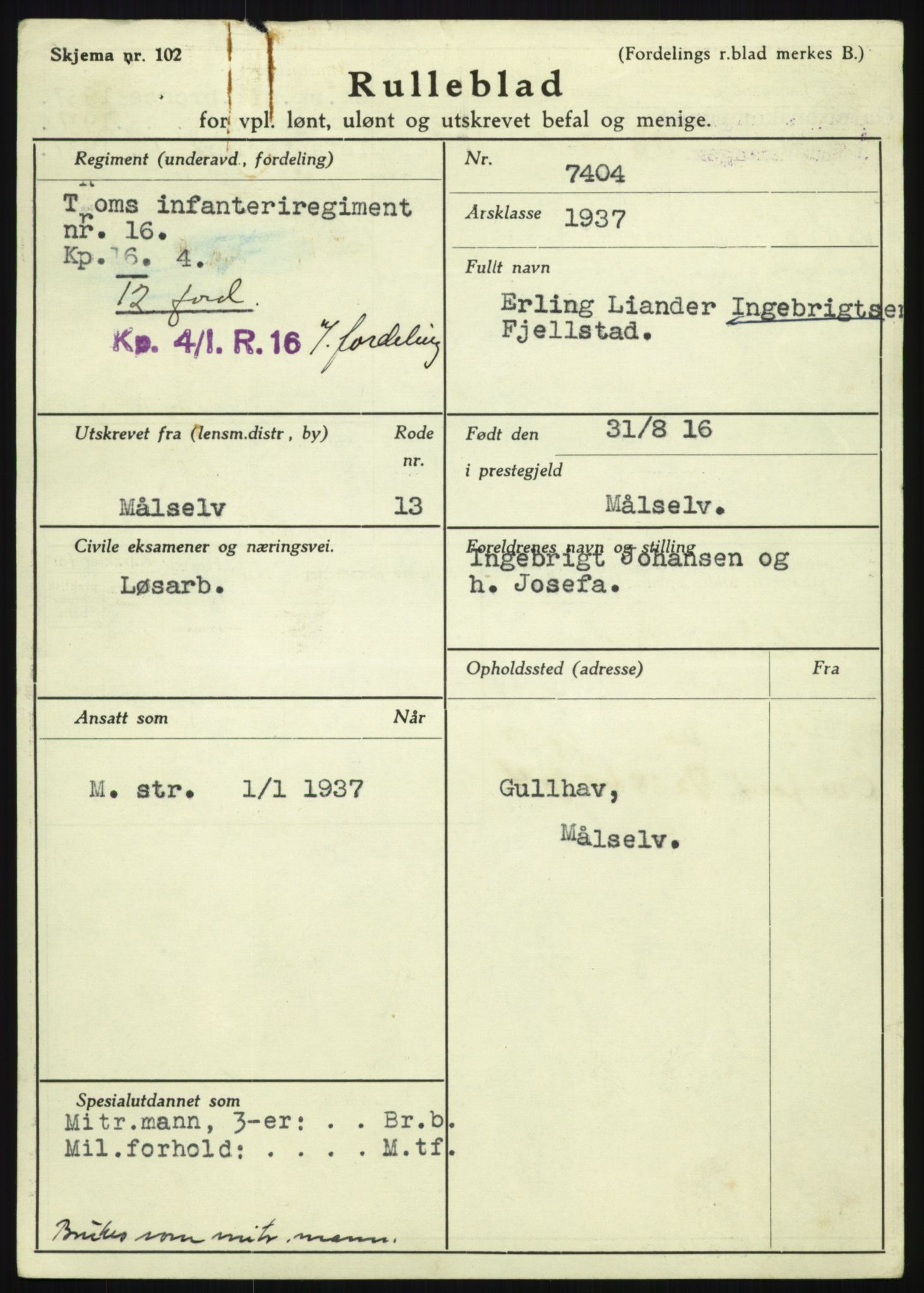 Forsvaret, Troms infanteriregiment nr. 16, AV/RA-RAFA-3146/P/Pa/L0021: Rulleblad for regimentets menige mannskaper, årsklasse 1937, 1937, s. 171