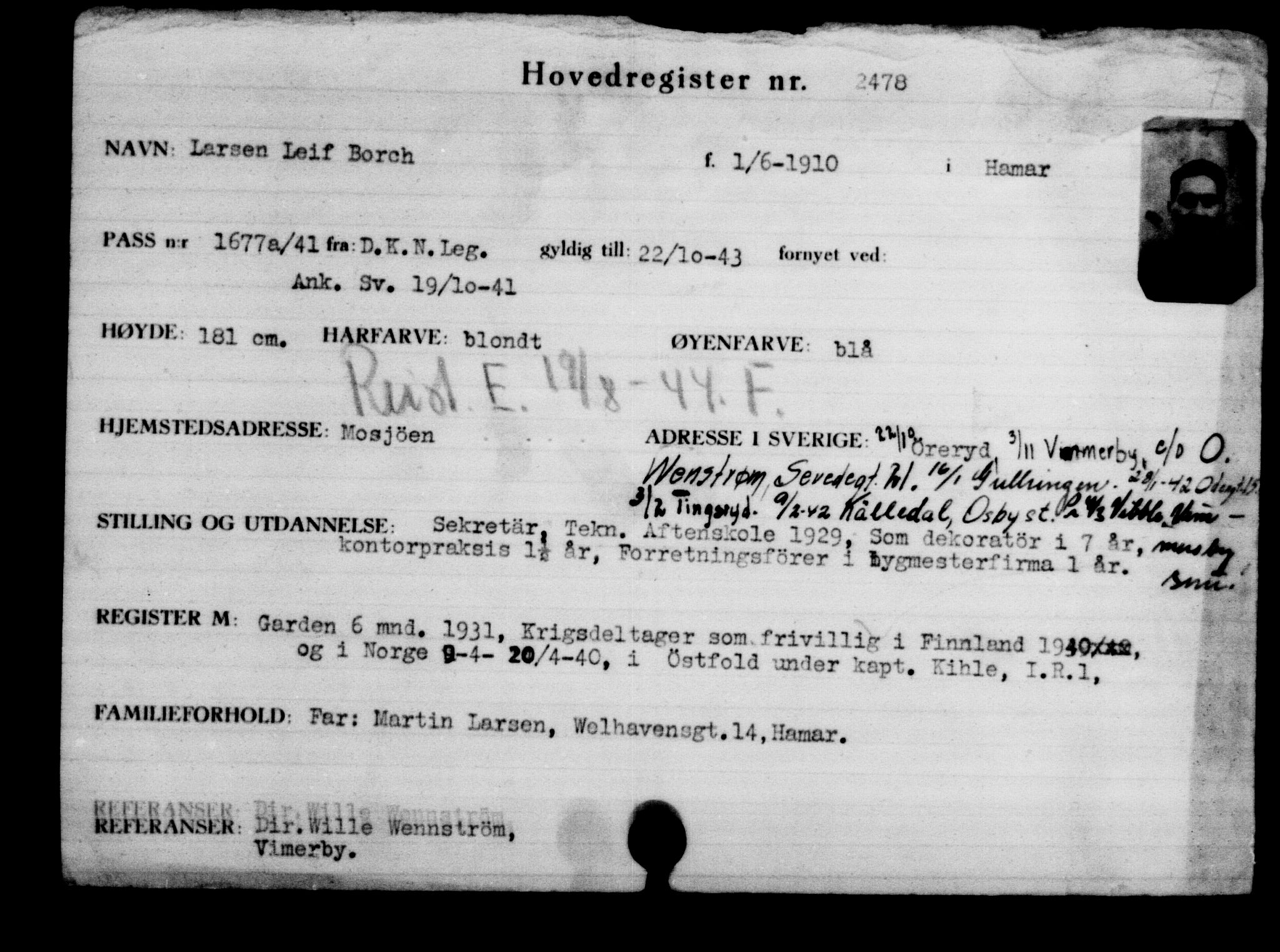 Utenriksstasjonene, Legasjonen i Stockholm, Flyktningkontoret, AV/RA-S-6753/V/Va/L0003: Kjesäterkartoteket, flyktninger med registreringsnr. 2001-3495, 1940-1945, s. 810