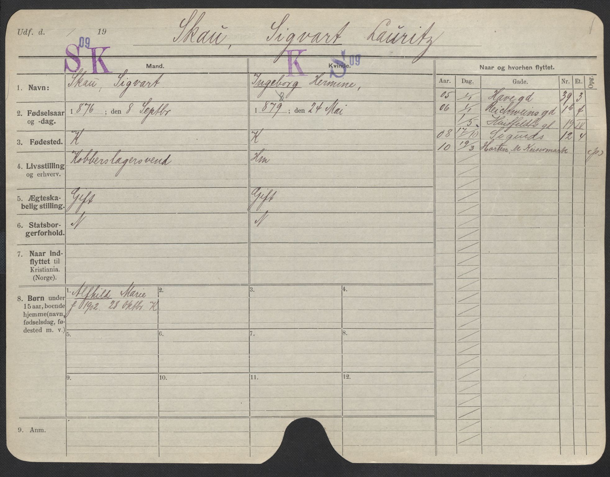 Oslo folkeregister, Registerkort, SAO/A-11715/F/Fa/Fac/L0010: Menn, 1906-1914, s. 376a