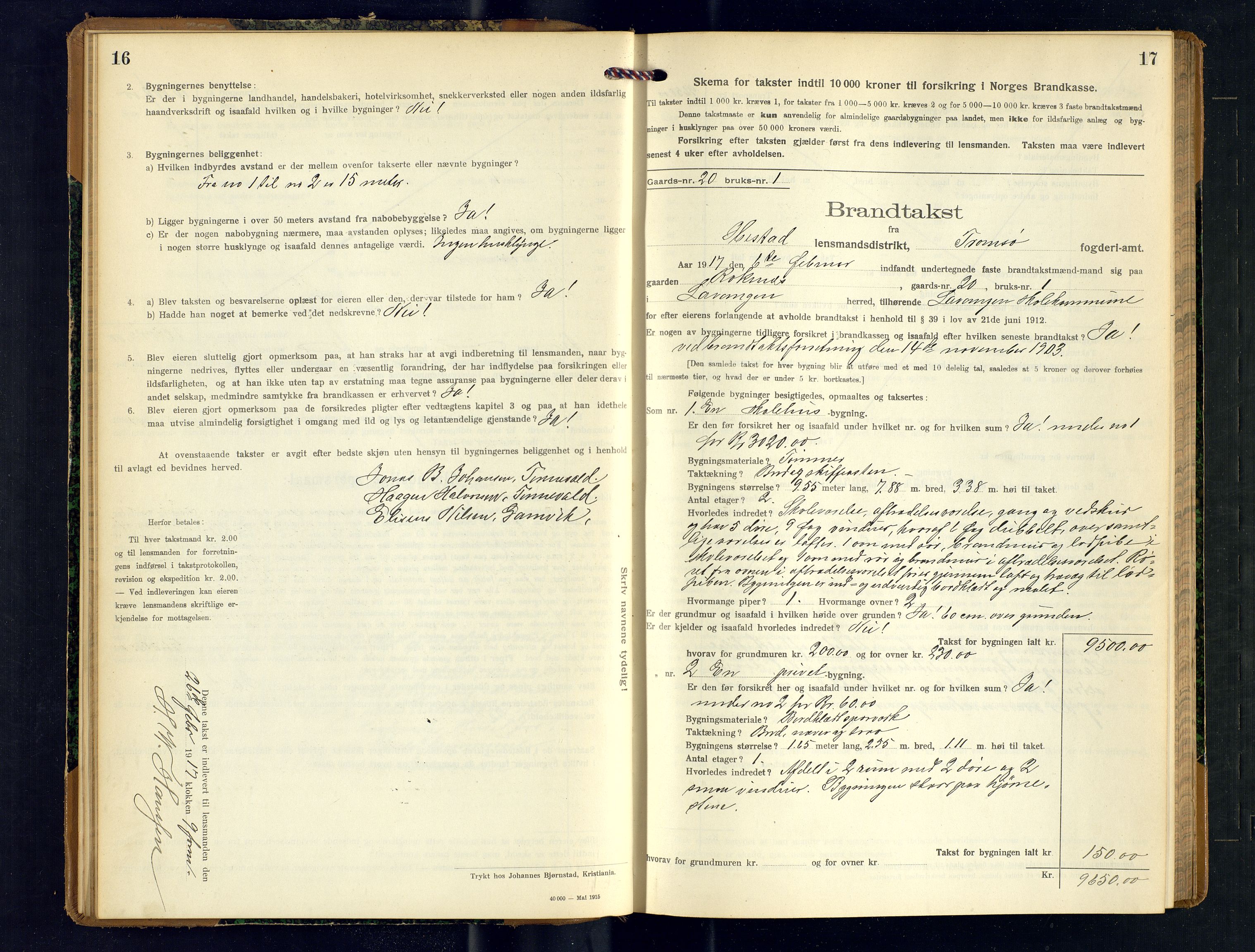 Ibestad lensmannskontor, AV/SATØ-S-1499/F/Fv/Fvh/L0276: Branntakstprotokoller, 1917-1918, s. 16-17