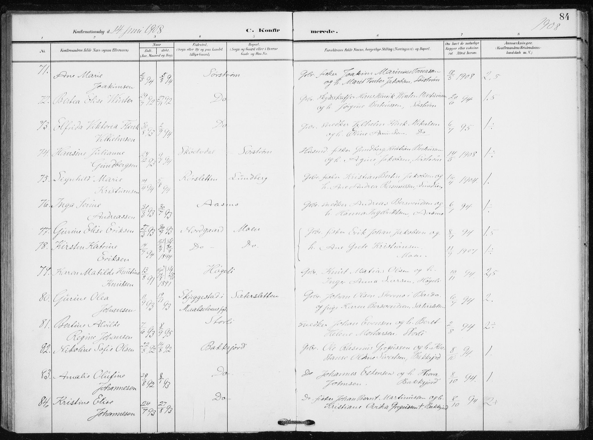 Tranøy sokneprestkontor, AV/SATØ-S-1313/I/Ia/Iaa/L0012kirke: Ministerialbok nr. 12, 1905-1918, s. 84