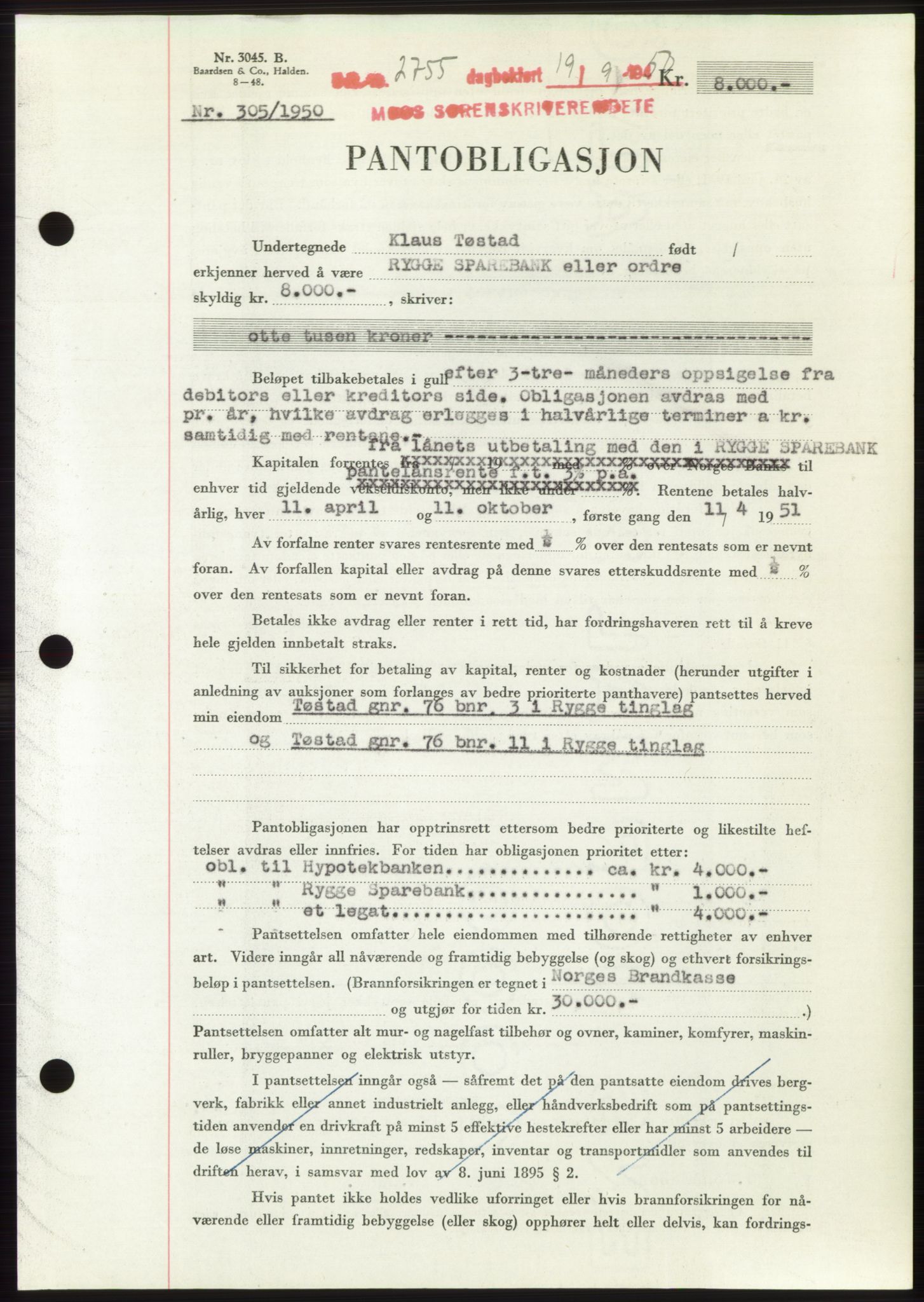 Moss sorenskriveri, SAO/A-10168: Pantebok nr. B25, 1950-1950, Dagboknr: 2755/1950