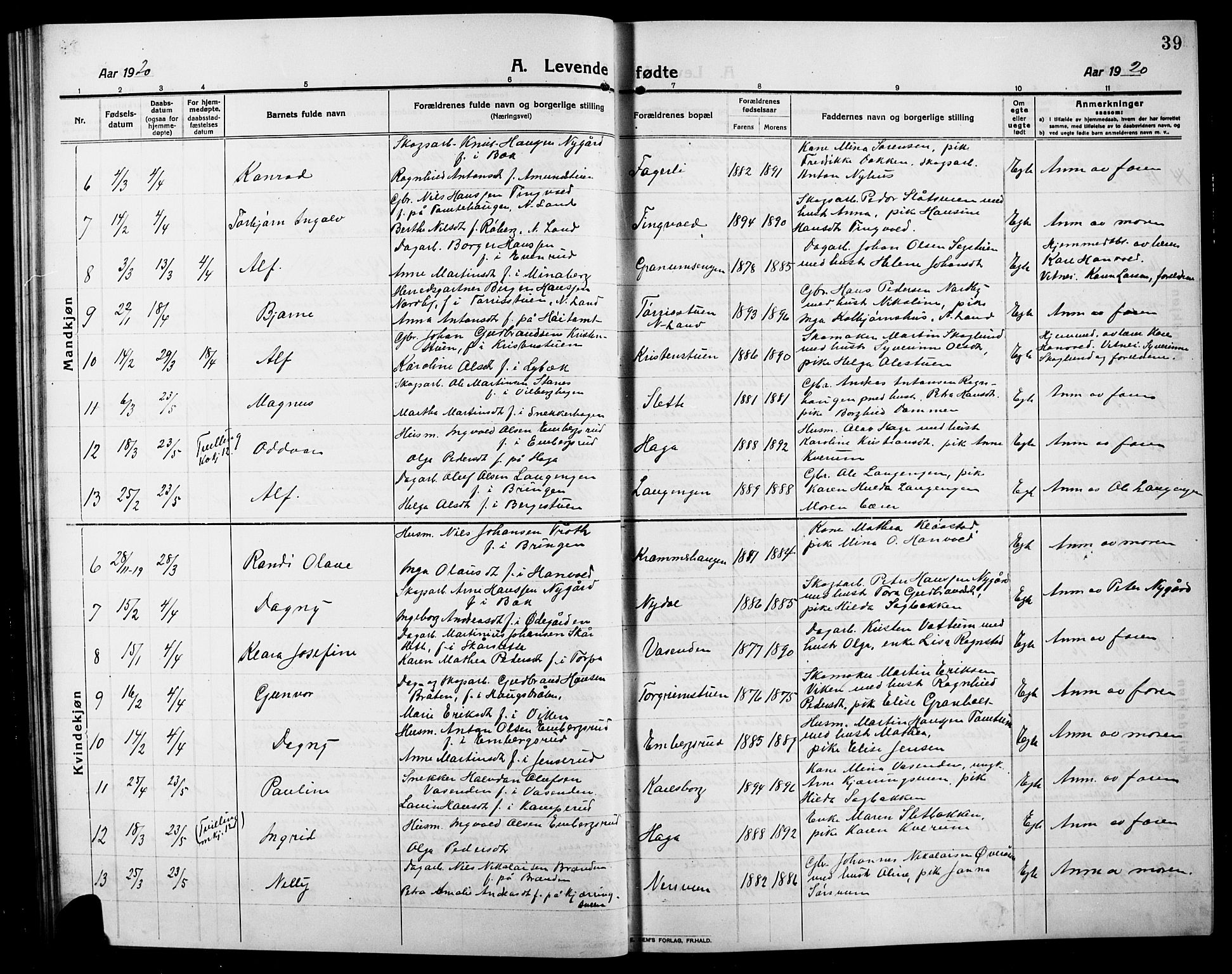 Søndre Land prestekontor, AV/SAH-PREST-122/L/L0006: Klokkerbok nr. 6, 1912-1925, s. 39