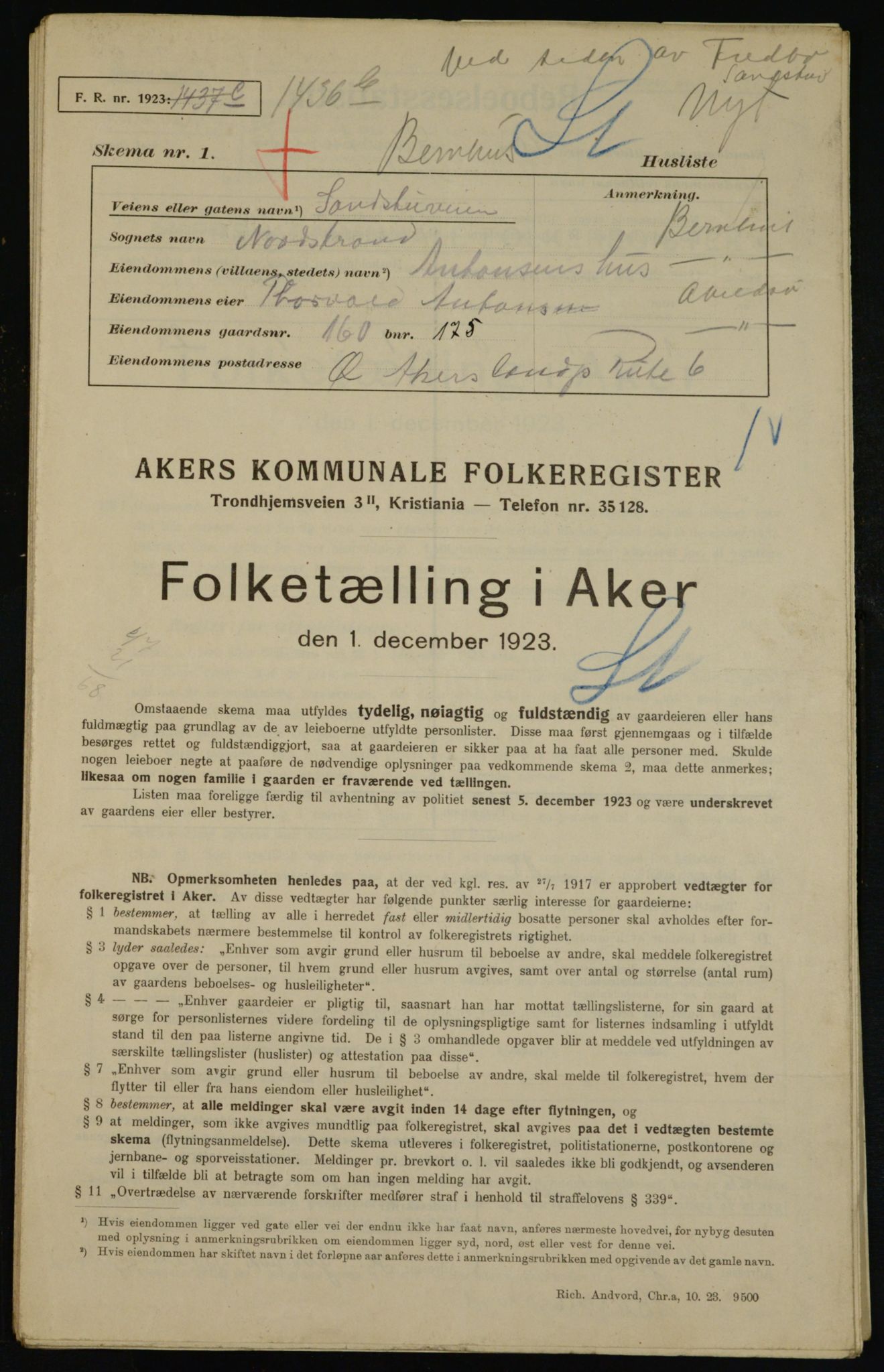 , Kommunal folketelling 1.12.1923 for Aker, 1923, s. 44850