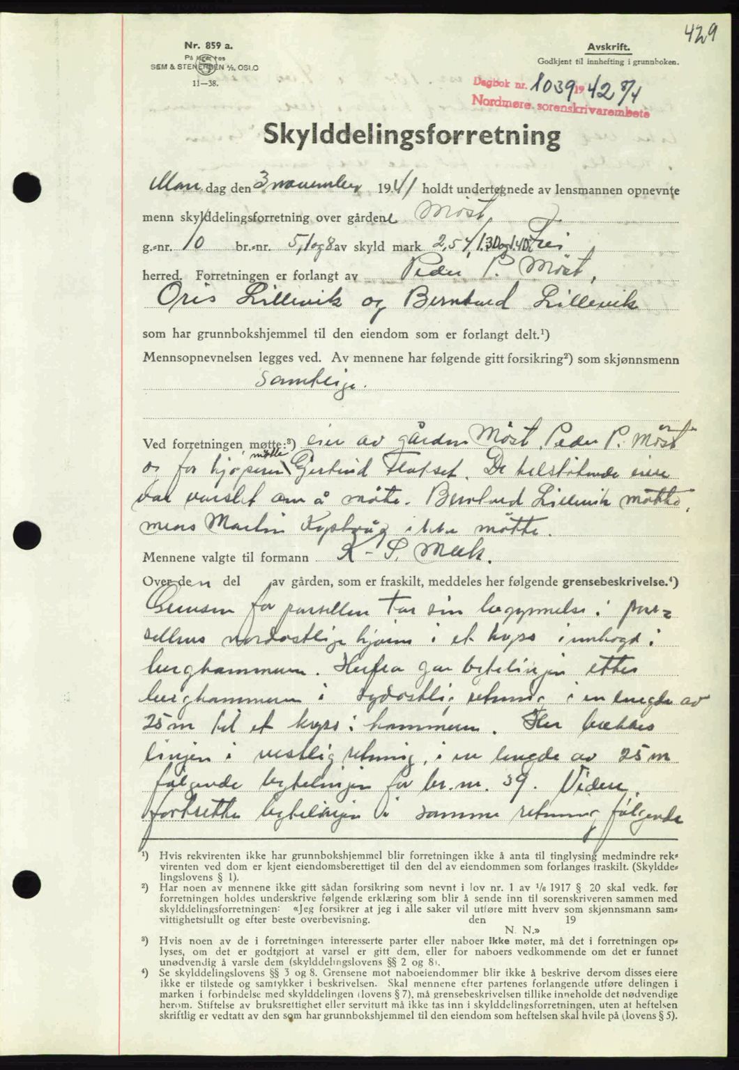 Nordmøre sorenskriveri, AV/SAT-A-4132/1/2/2Ca: Pantebok nr. A92, 1942-1942, Dagboknr: 1039/1942