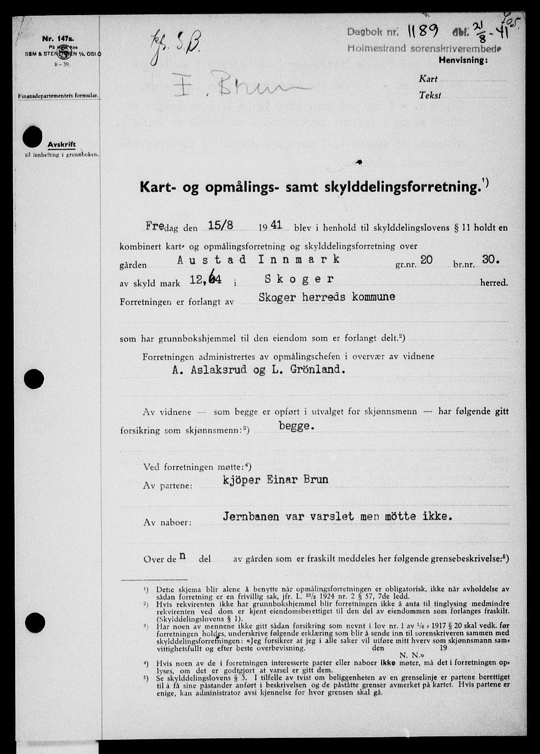 Holmestrand sorenskriveri, SAKO/A-67/G/Ga/Gaa/L0053: Pantebok nr. A-53, 1941-1941, Dagboknr: 1189/1941