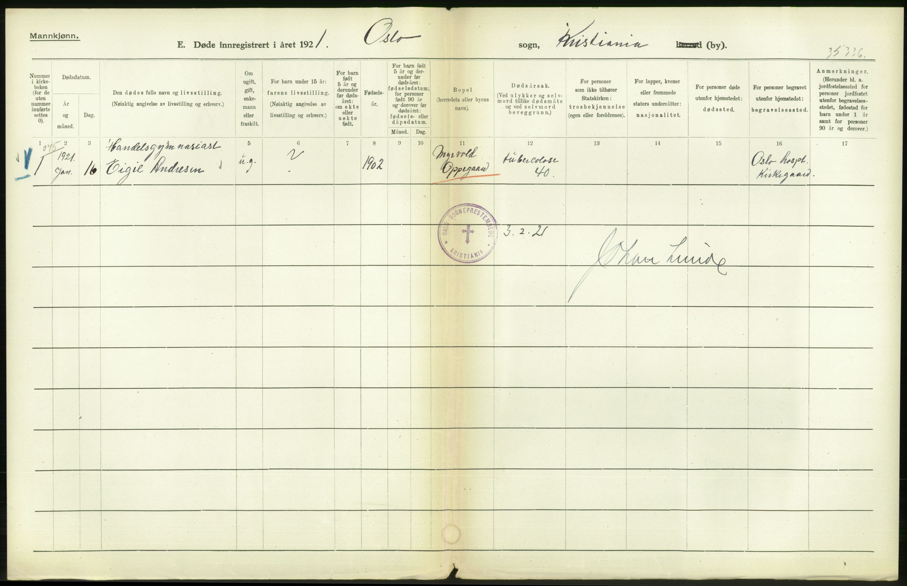 Statistisk sentralbyrå, Sosiodemografiske emner, Befolkning, AV/RA-S-2228/D/Df/Dfc/Dfca/L0013: Kristiania: Døde, dødfødte, 1921, s. 296