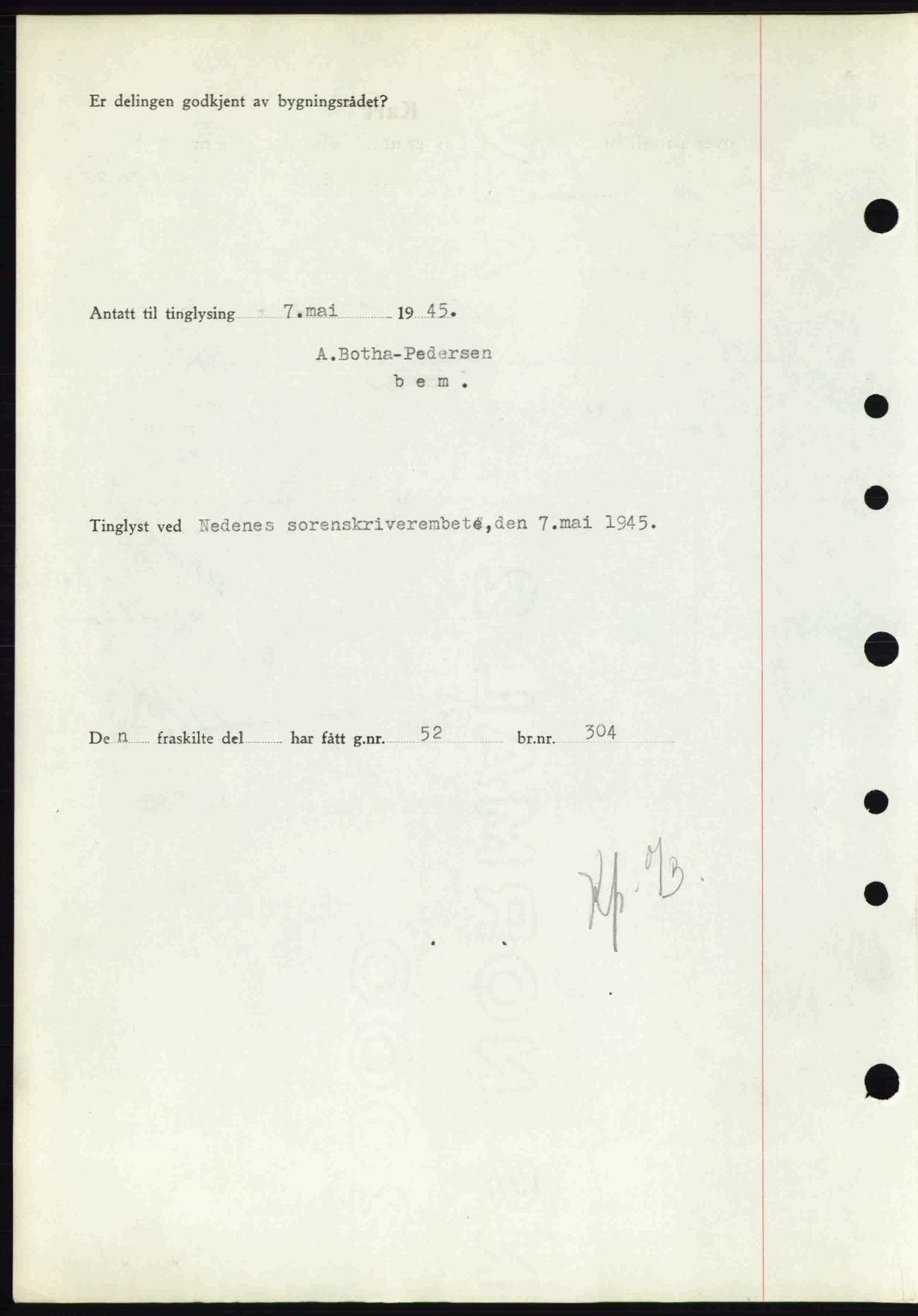 Nedenes sorenskriveri, SAK/1221-0006/G/Gb/Gba/L0052: Pantebok nr. A6a, 1944-1945, Dagboknr: 343/1945