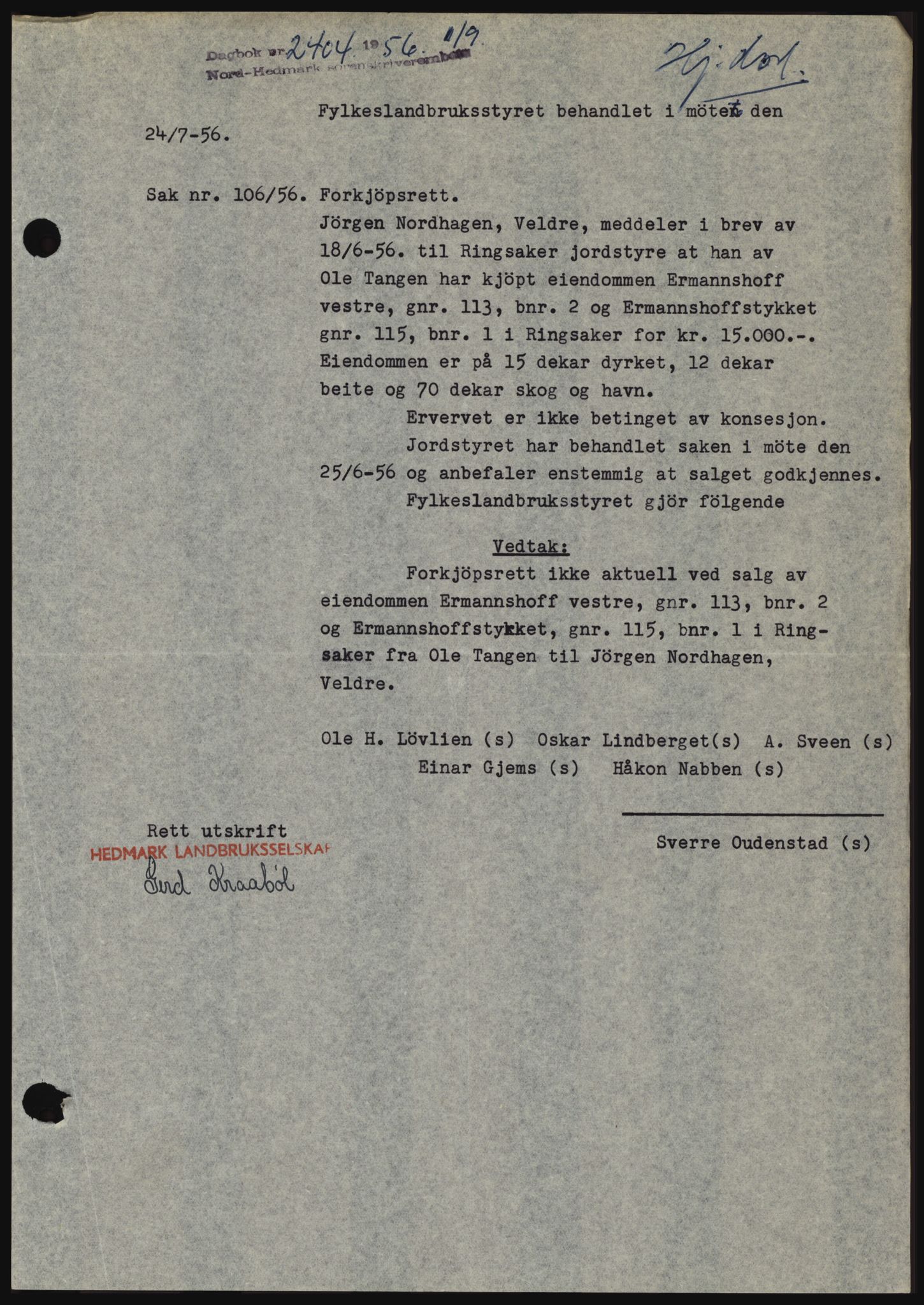 Nord-Hedmark sorenskriveri, SAH/TING-012/H/Hc/L0010: Pantebok nr. 10, 1955-1956, Dagboknr: 2404/1956