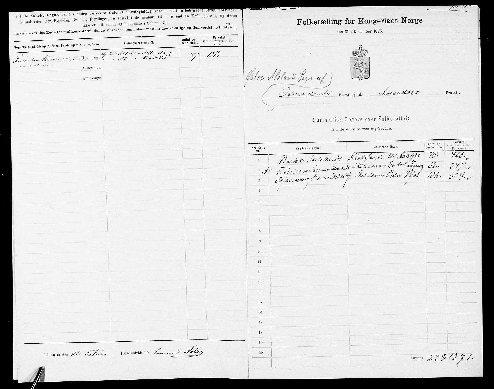 SAK, Folketelling 1875 for 0918P Austre Moland prestegjeld, 1875, s. 3