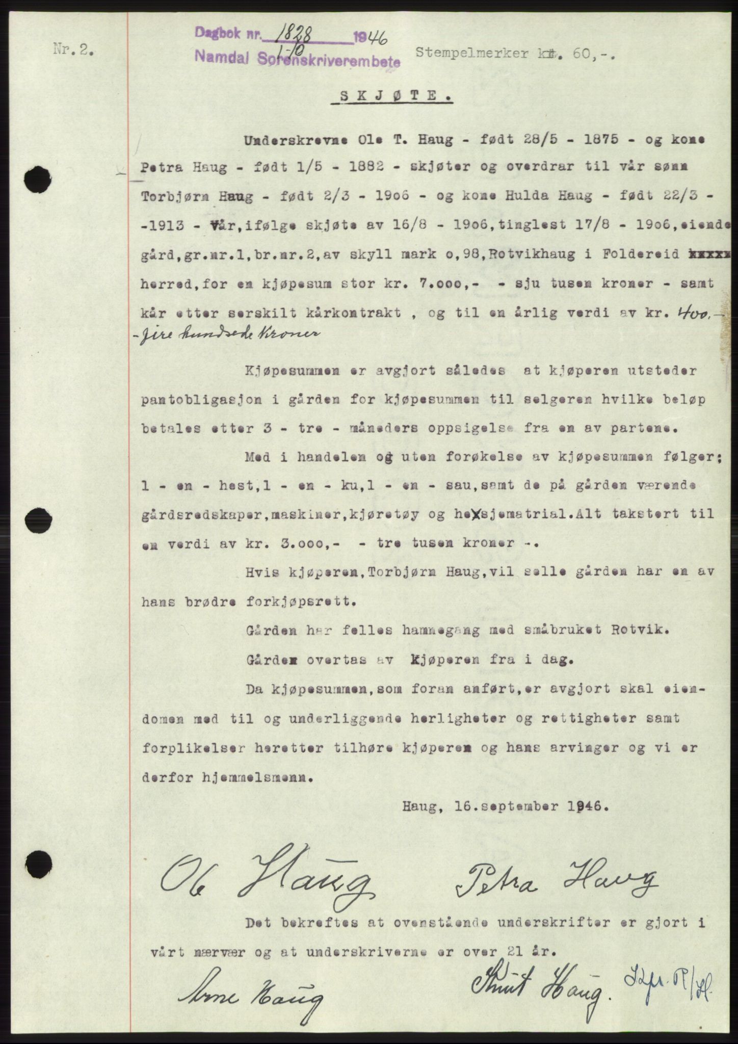 Namdal sorenskriveri, SAT/A-4133/1/2/2C: Pantebok nr. -, 1946-1947, Dagboknr: 1828/1946