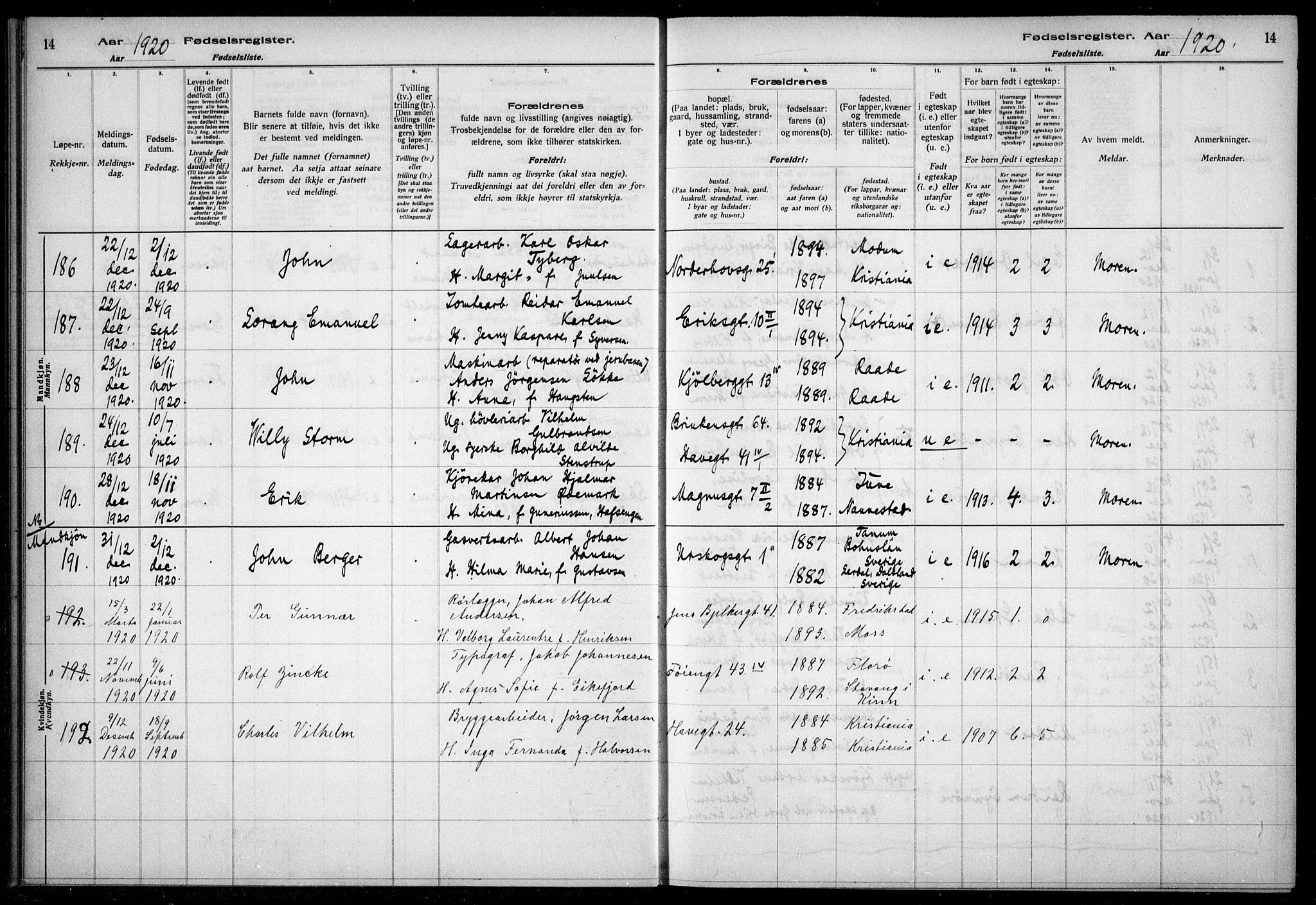Kampen prestekontor Kirkebøker, AV/SAO-A-10853/J/Ja/L0002: Fødselsregister nr. 2, 1920-1935, s. 14
