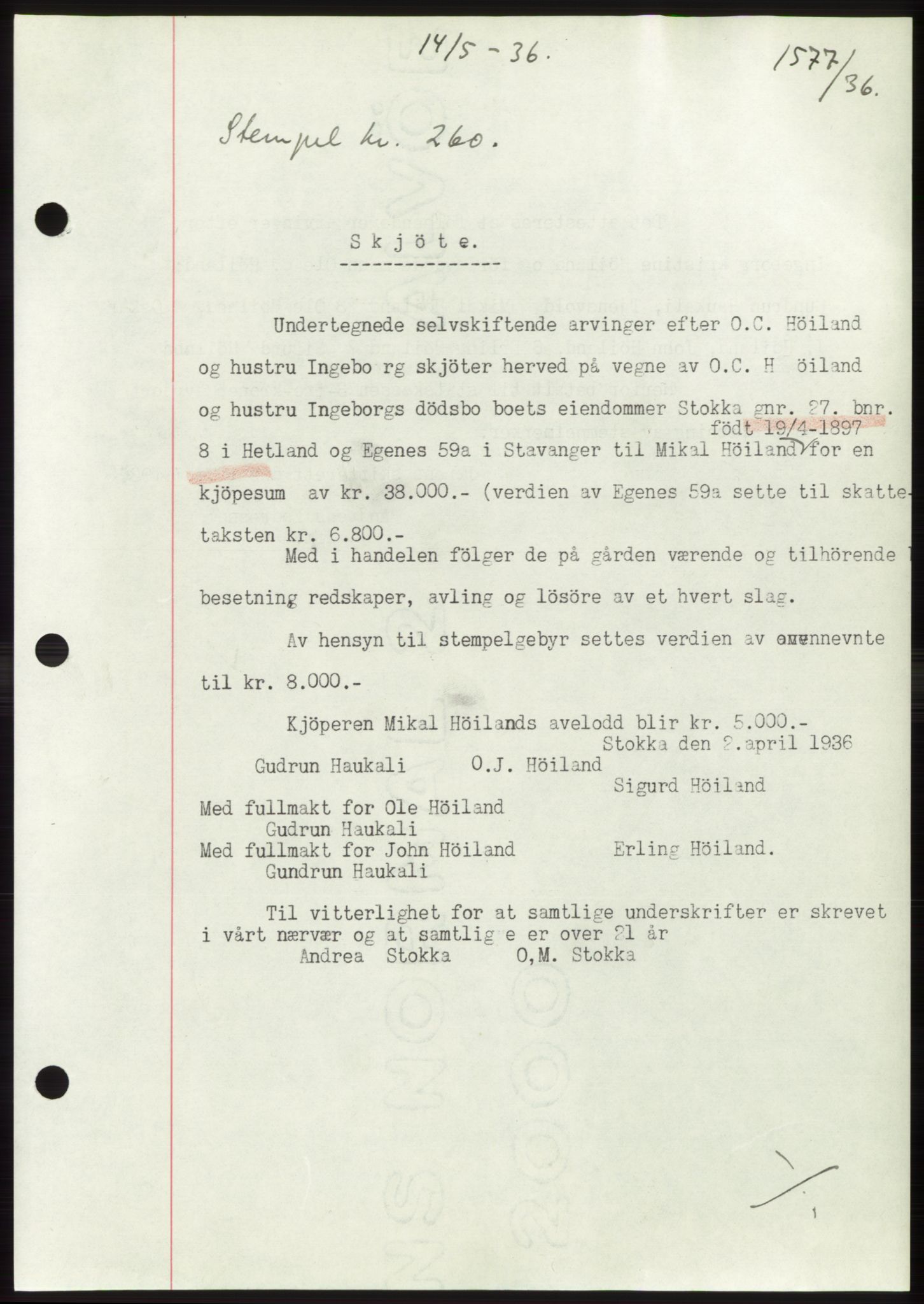 Jæren sorenskriveri, SAST/A-100310/03/G/Gba/L0065: Pantebok nr. 71, 1936-1936, Dagboknr: 1577/1936