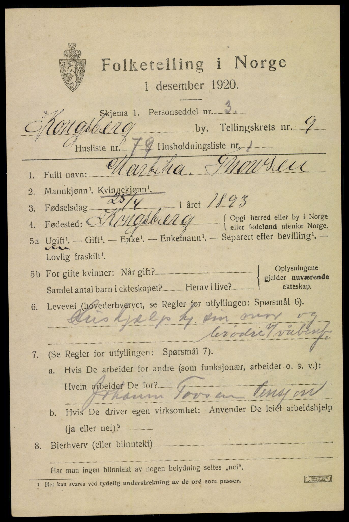 SAKO, Folketelling 1920 for 0604 Kongsberg kjøpstad, 1920, s. 19522
