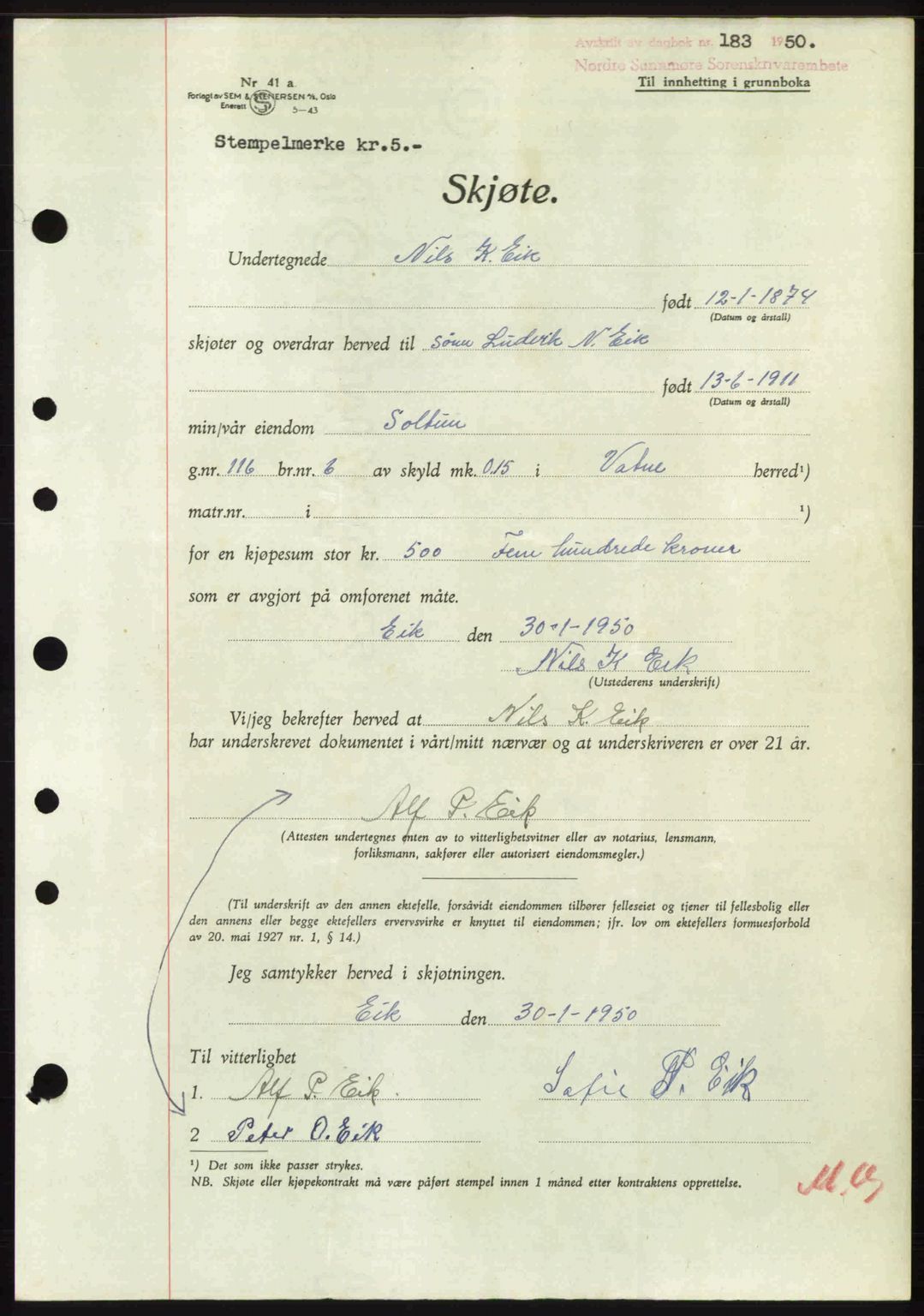 Nordre Sunnmøre sorenskriveri, AV/SAT-A-0006/1/2/2C/2Ca: Pantebok nr. A33, 1949-1950, Dagboknr: 183/1950