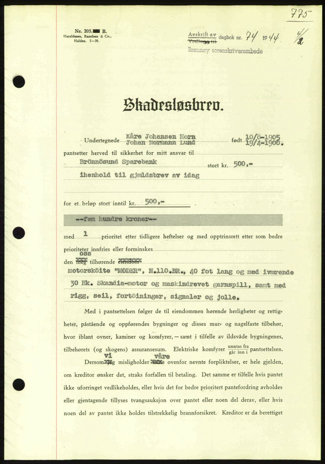 Brønnøy sorenskriveri, SAT/A-4170/1/2/2C: Pantebok nr. 23, 1943-1944, Dagboknr: 74/1944
