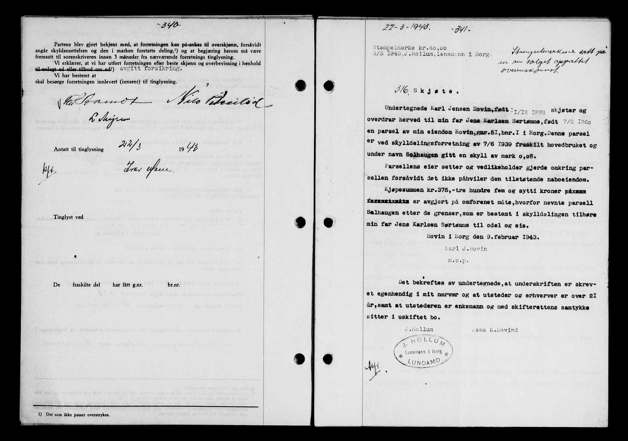 Gauldal sorenskriveri, SAT/A-0014/1/2/2C/L0056: Pantebok nr. 61, 1942-1943, Dagboknr: 316/1943