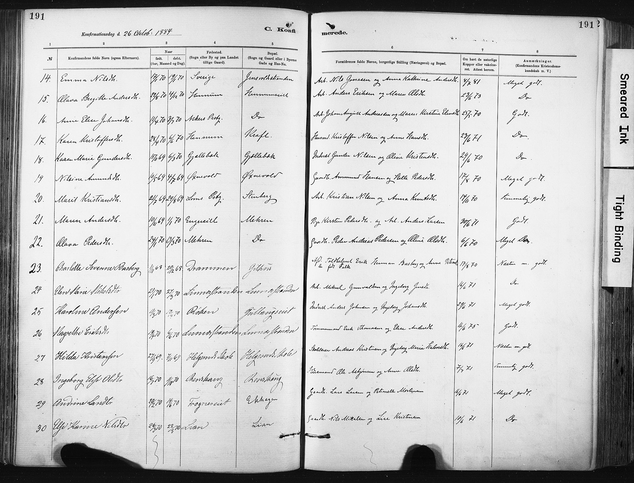 Lier kirkebøker, AV/SAKO-A-230/F/Fa/L0015: Ministerialbok nr. I 15, 1883-1894, s. 191