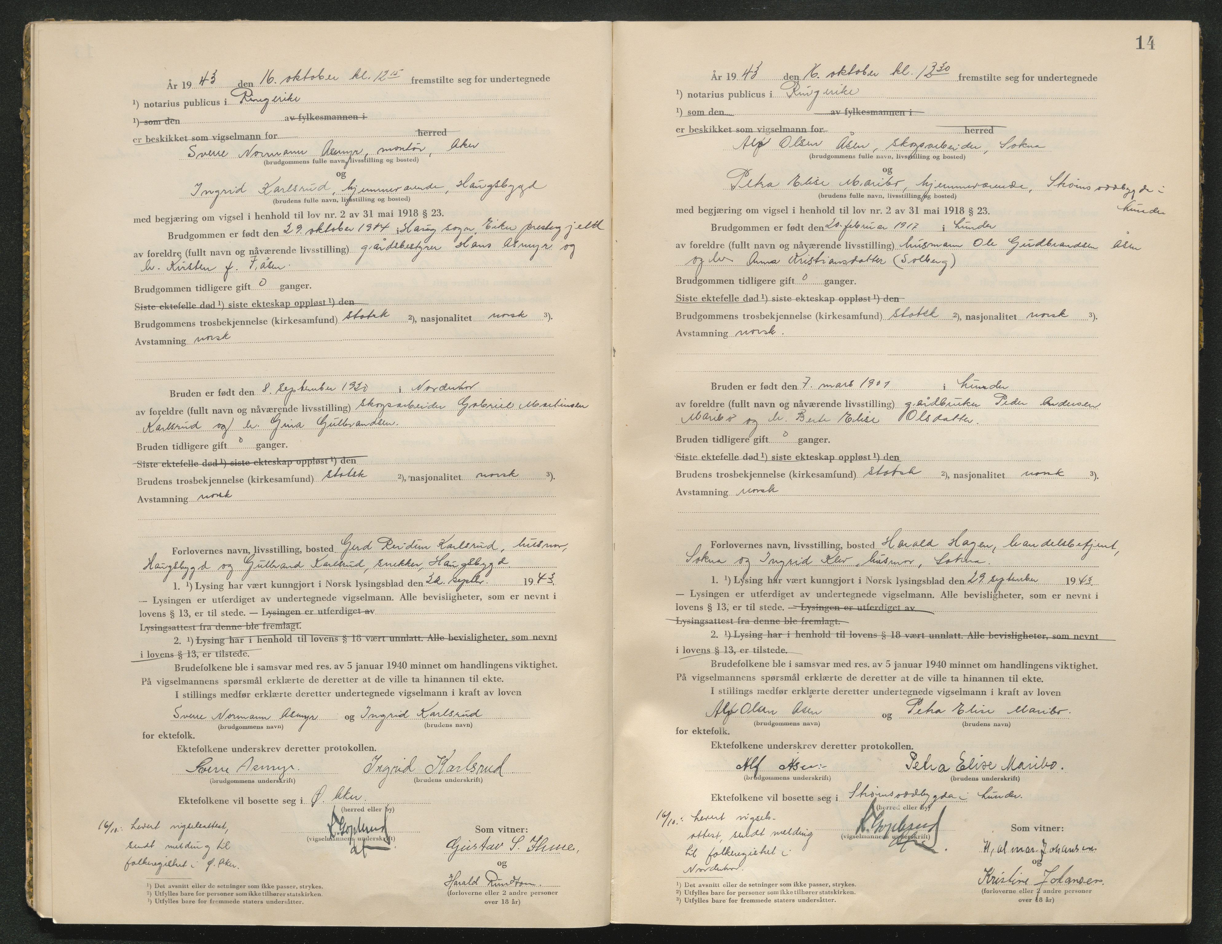Ringerike sorenskriveri, AV/SAKO-A-105/L/Lc/L0003: Vigselsbok, 1943-1944, s. 14