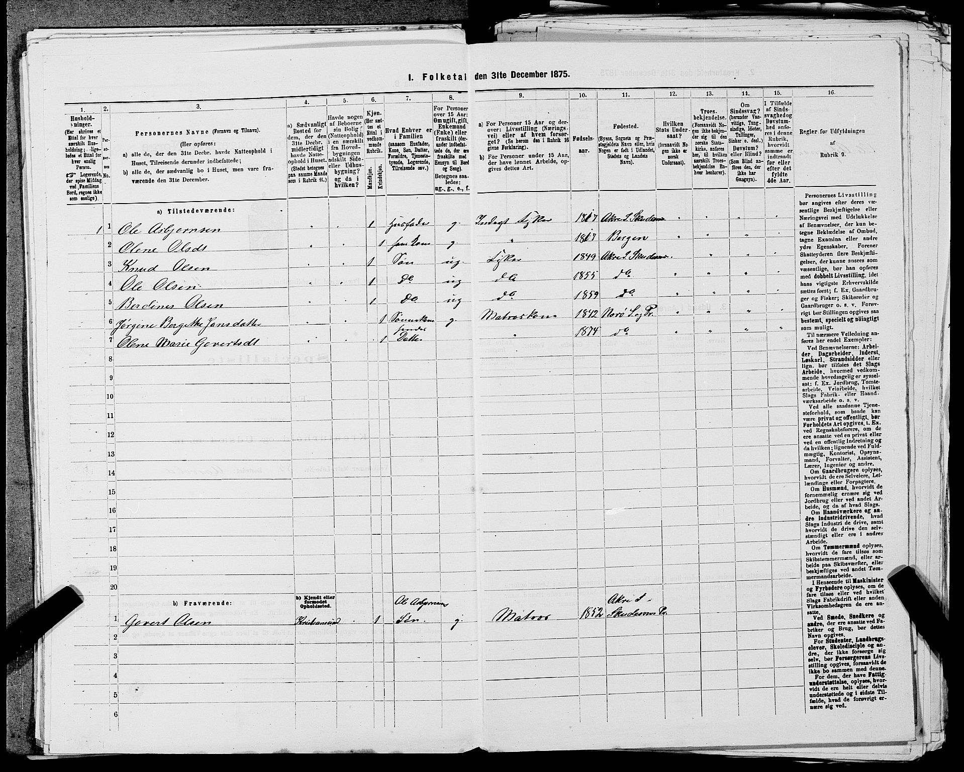 SAST, Folketelling 1875 for 1150L Skudenes prestegjeld, Falnes sokn, Åkra sokn og Ferkingstad sokn, 1875, s. 395