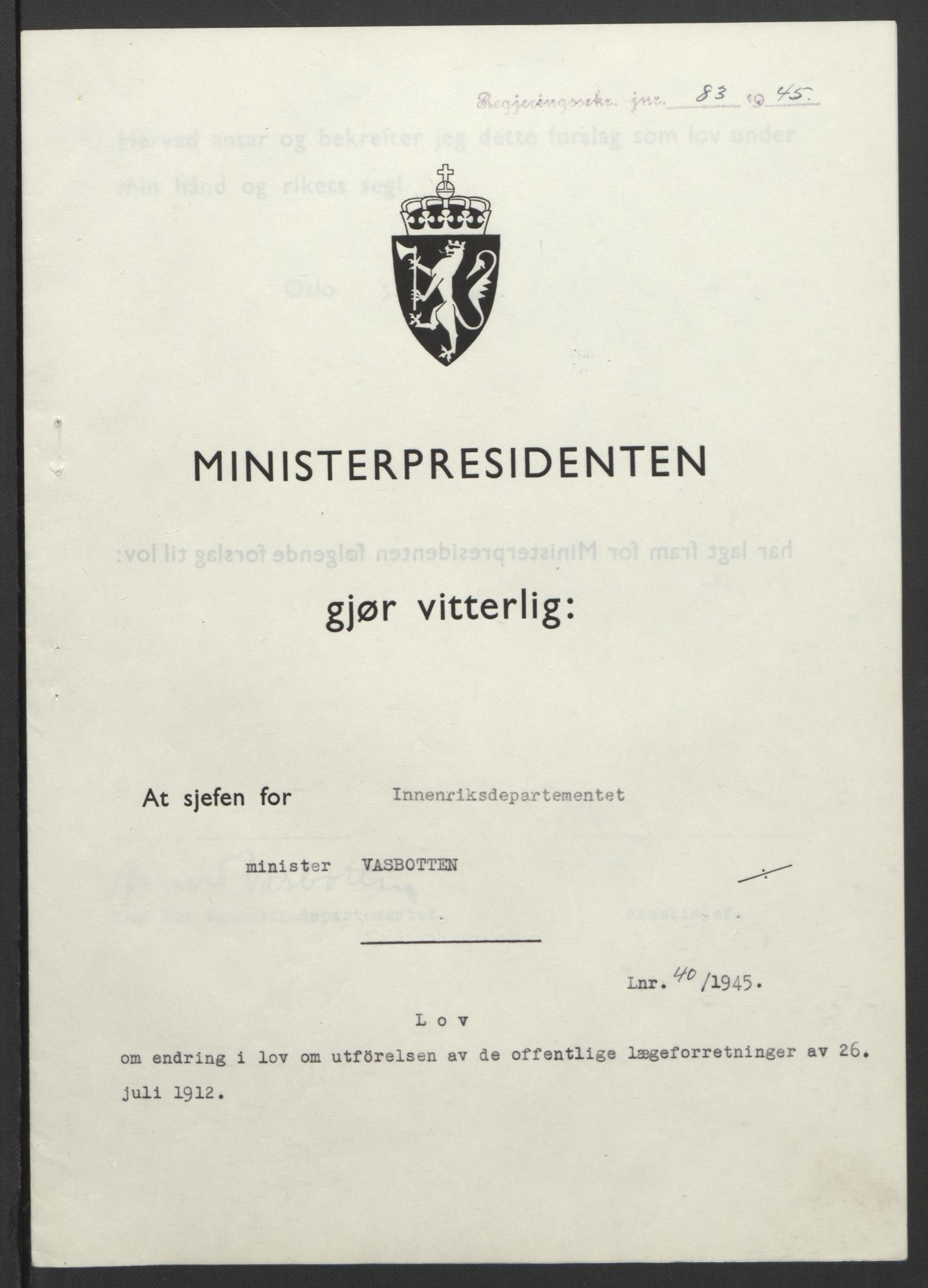 NS-administrasjonen 1940-1945 (Statsrådsekretariatet, de kommisariske statsråder mm), RA/S-4279/D/Db/L0101/0001: -- / Lover og vedtak, 1945, s. 162