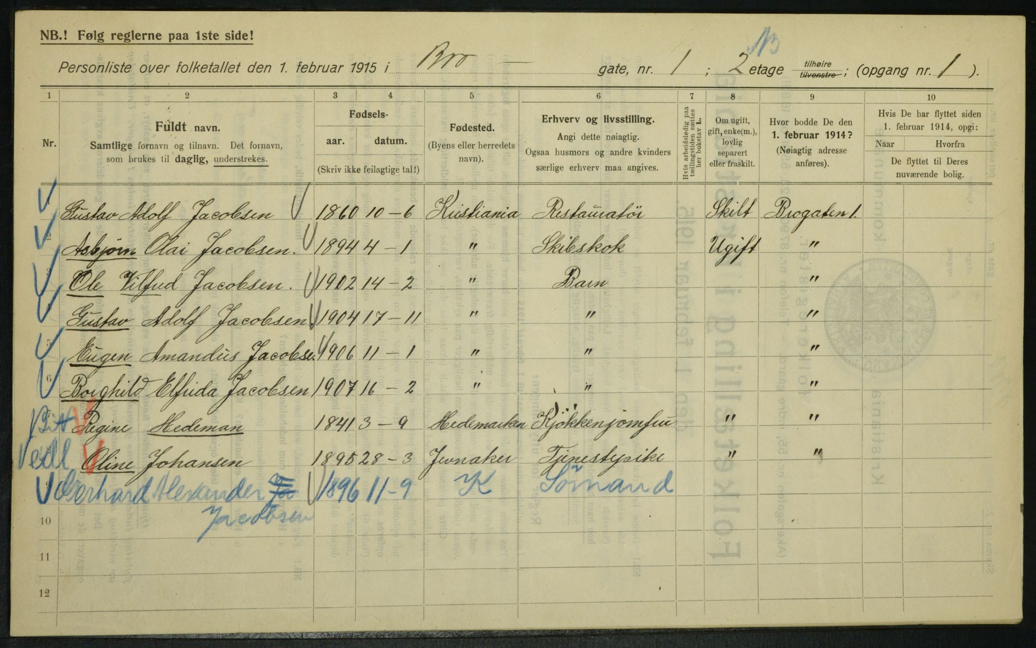 OBA, Kommunal folketelling 1.2.1915 for Kristiania, 1915, s. 9611