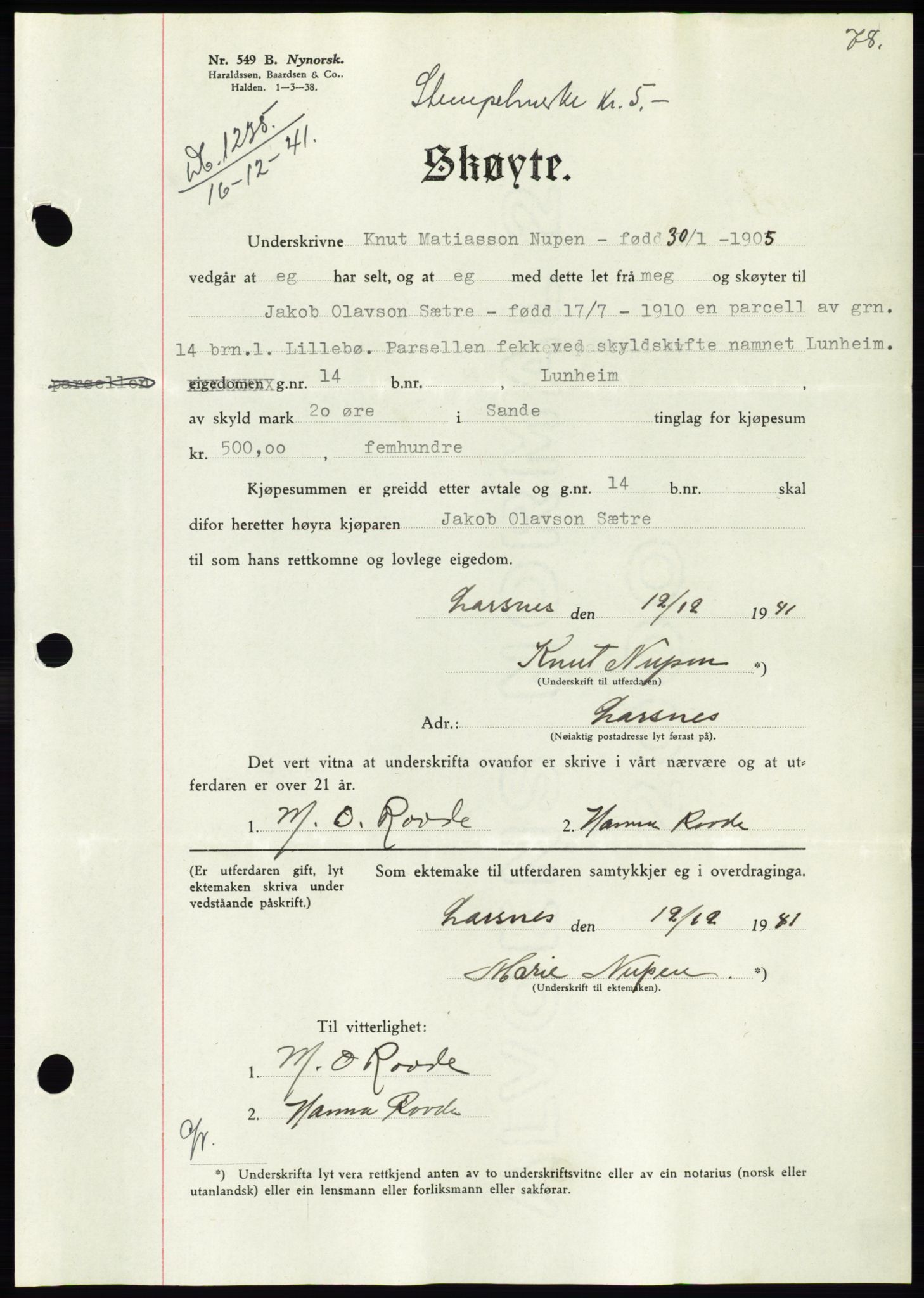 Søre Sunnmøre sorenskriveri, AV/SAT-A-4122/1/2/2C/L0073: Pantebok nr. 67, 1941-1942, Dagboknr: 1235/1941