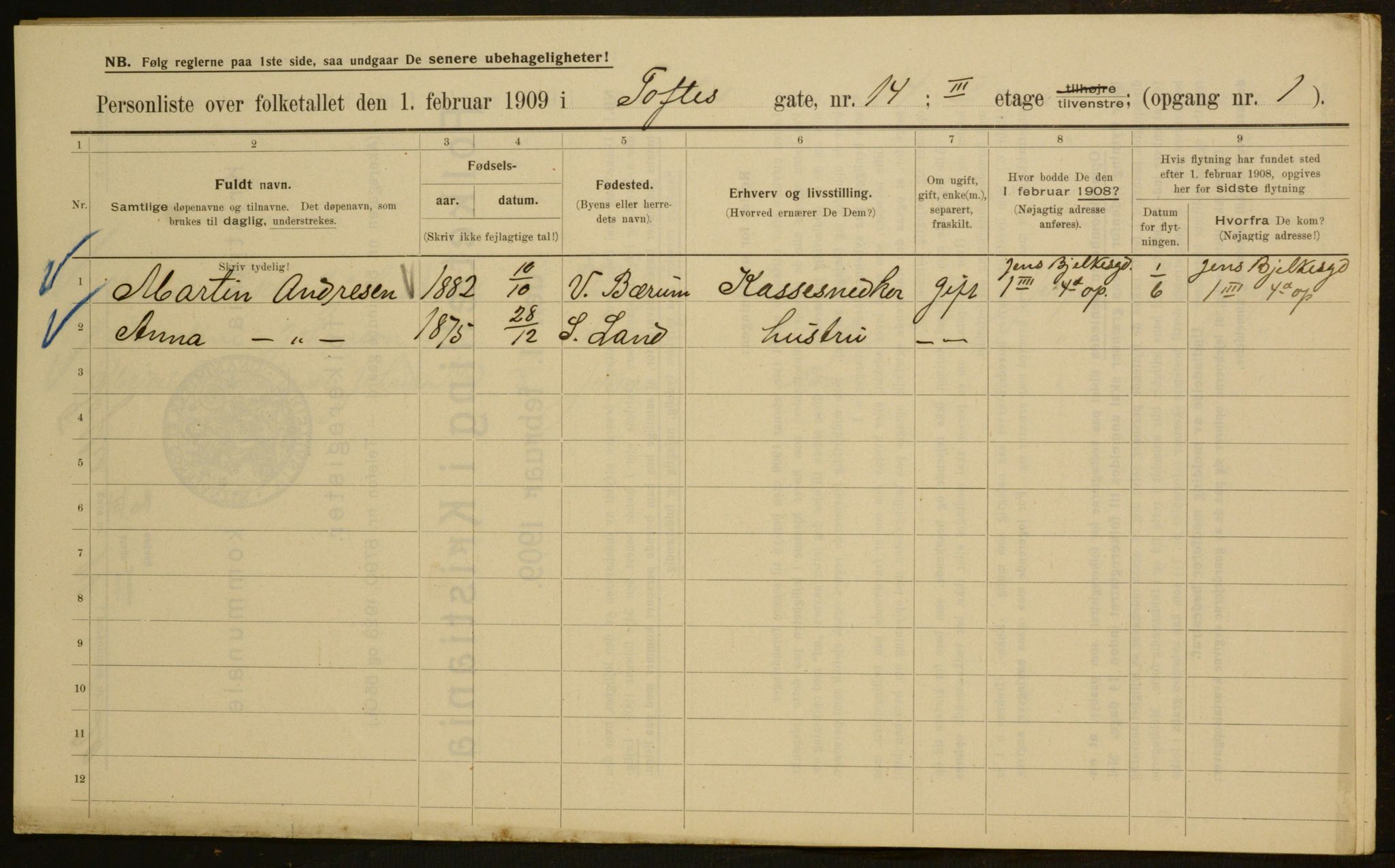 OBA, Kommunal folketelling 1.2.1909 for Kristiania kjøpstad, 1909, s. 101121