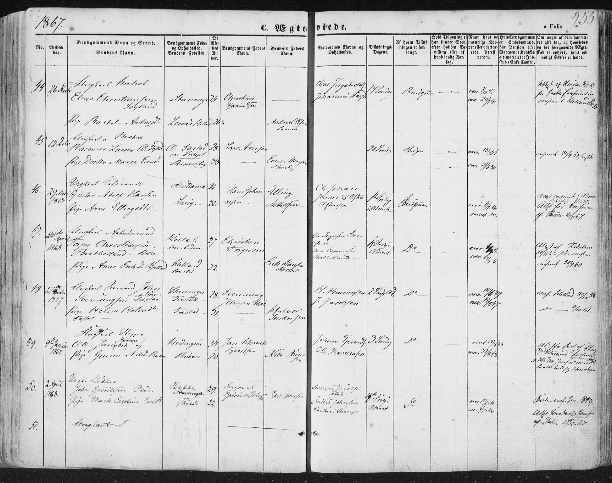 Hetland sokneprestkontor, AV/SAST-A-101826/30/30BA/L0002: Ministerialbok nr. A 2, 1849-1869, s. 255
