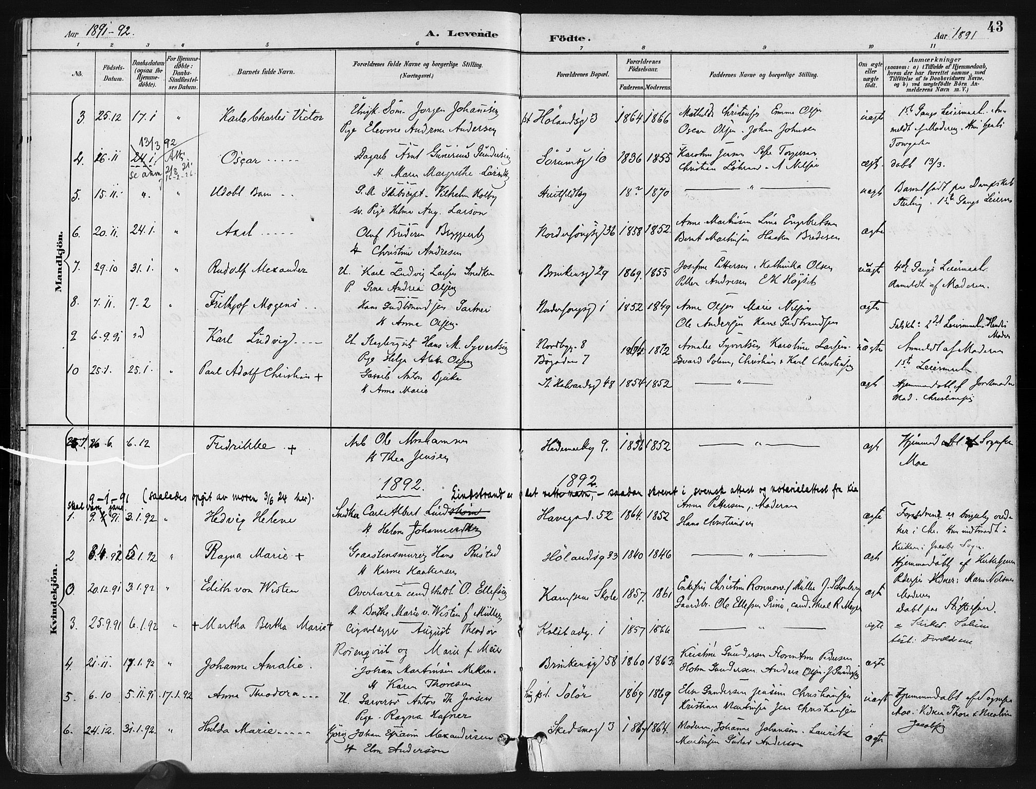 Kampen prestekontor Kirkebøker, AV/SAO-A-10853/F/Fa/L0005: Ministerialbok nr. I 5, 1890-1902, s. 43