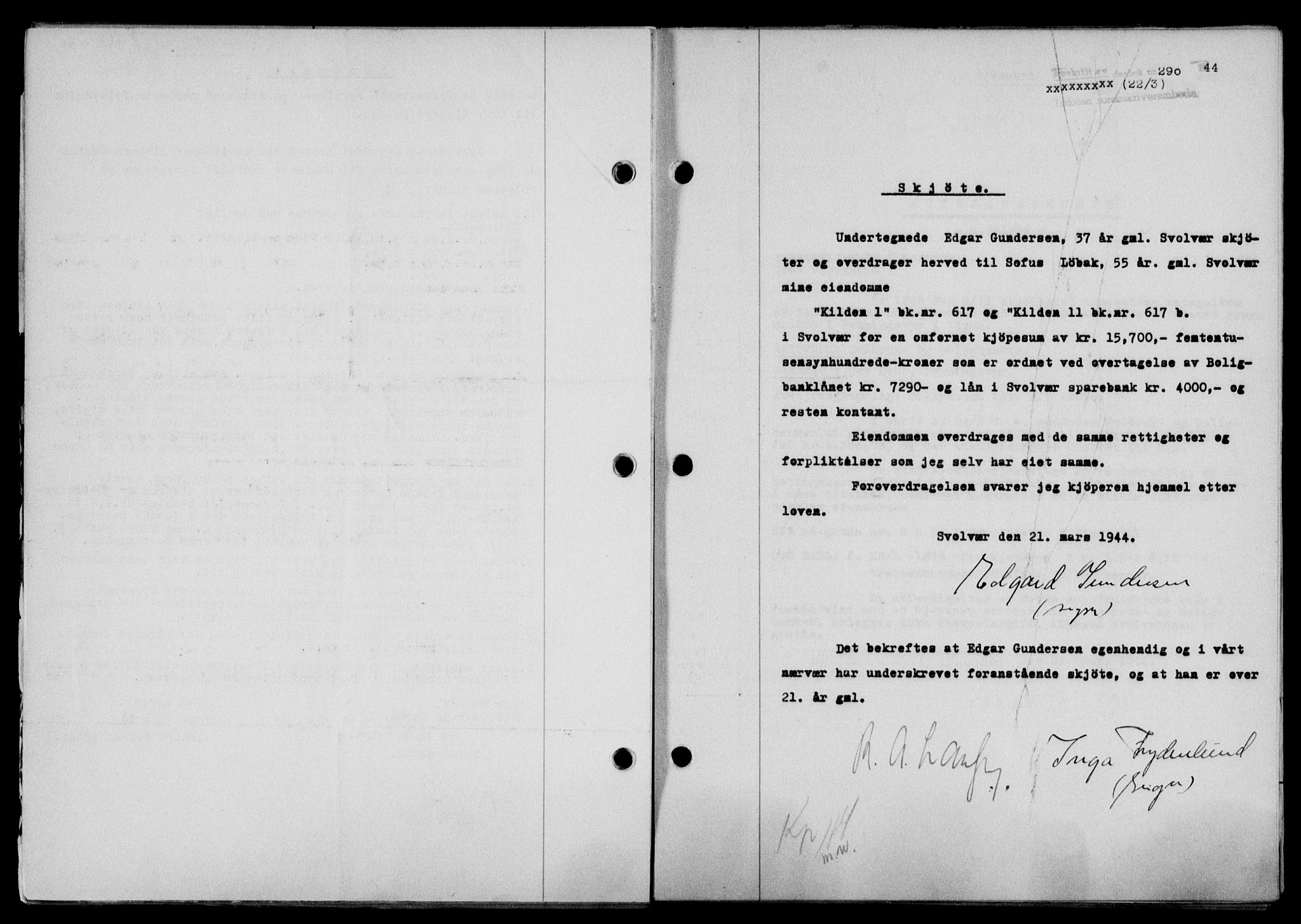 Lofoten sorenskriveri, SAT/A-0017/1/2/2C/L0012a: Pantebok nr. 12a, 1943-1944, Dagboknr: 290/1944
