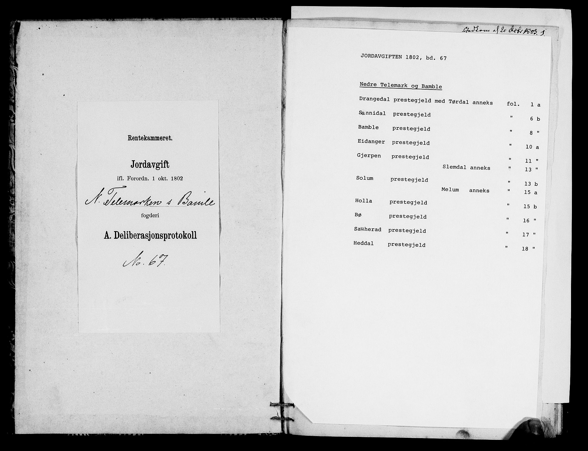 Rentekammeret inntil 1814, Realistisk ordnet avdeling, AV/RA-EA-4070/N/Ne/Nea/L0067: Nedre Telemarken og Bamble fogderi. Deliberasjonsprotokoll, 1803, s. 1