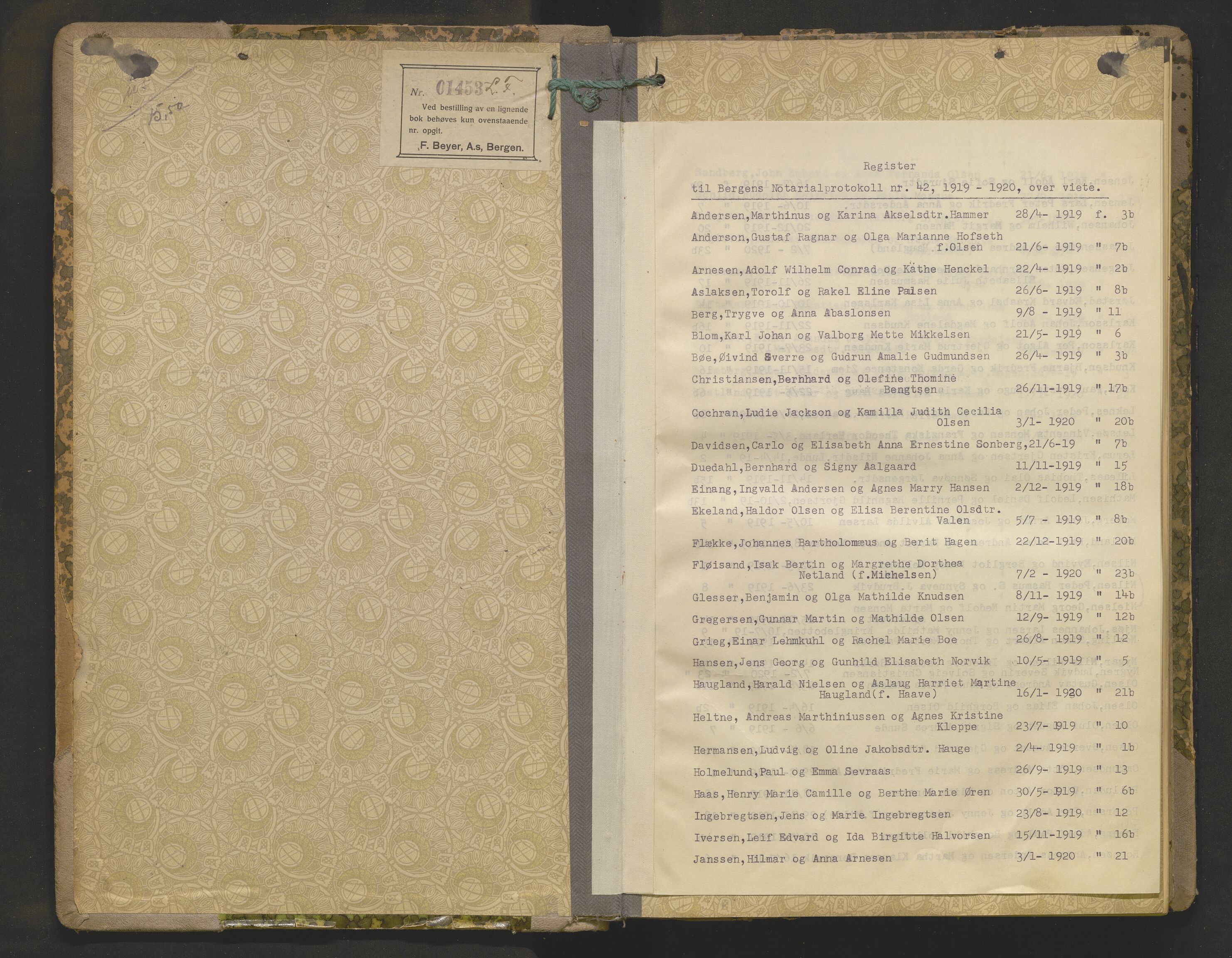 Byfogd og Byskriver i Bergen, SAB/A-3401/10/10A/L0042: Notarialprotokoller, 1919-1920