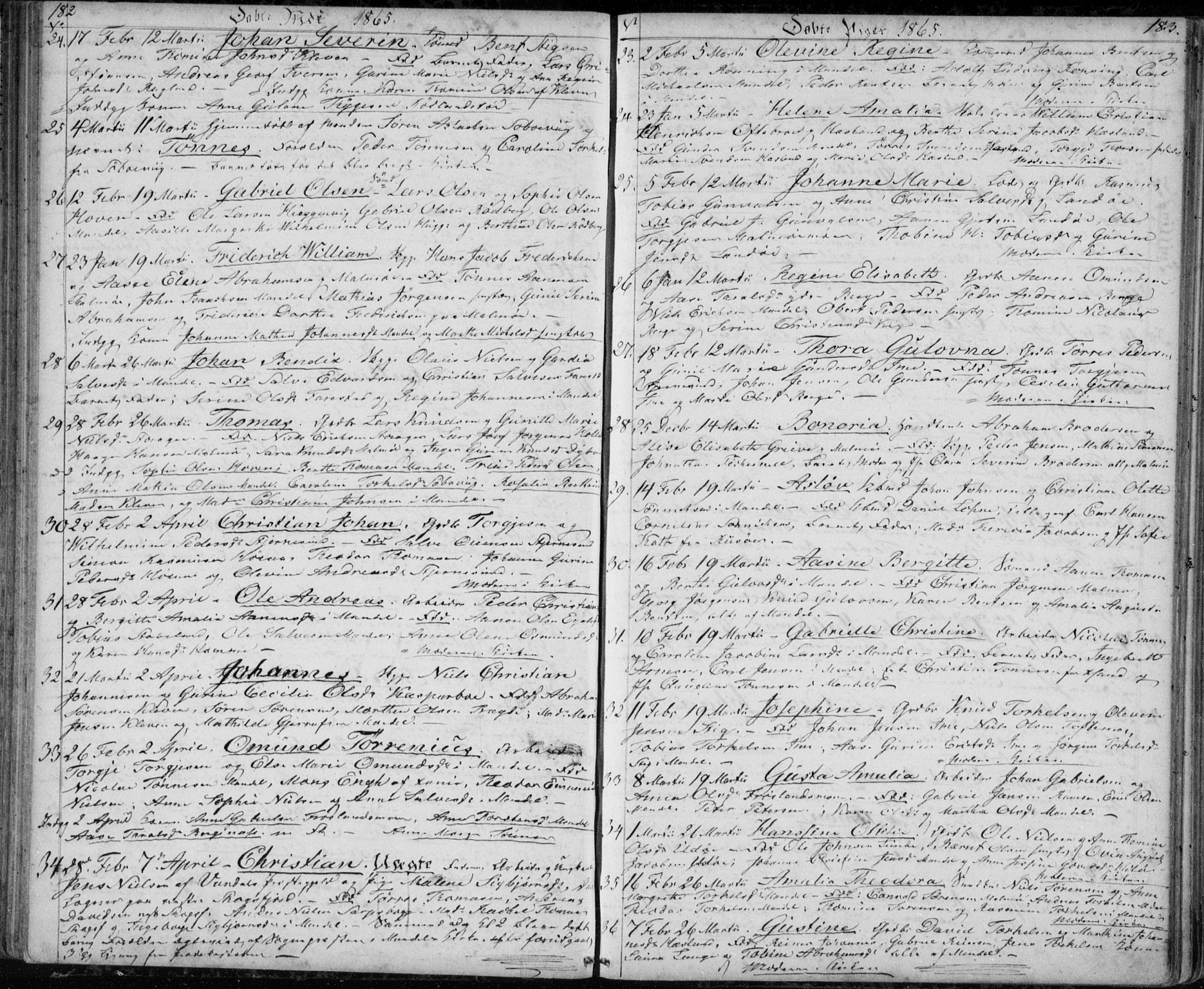 Mandal sokneprestkontor, AV/SAK-1111-0030/F/Fb/Fba/L0008: Klokkerbok nr. B 2, 1854-1868, s. 182-183