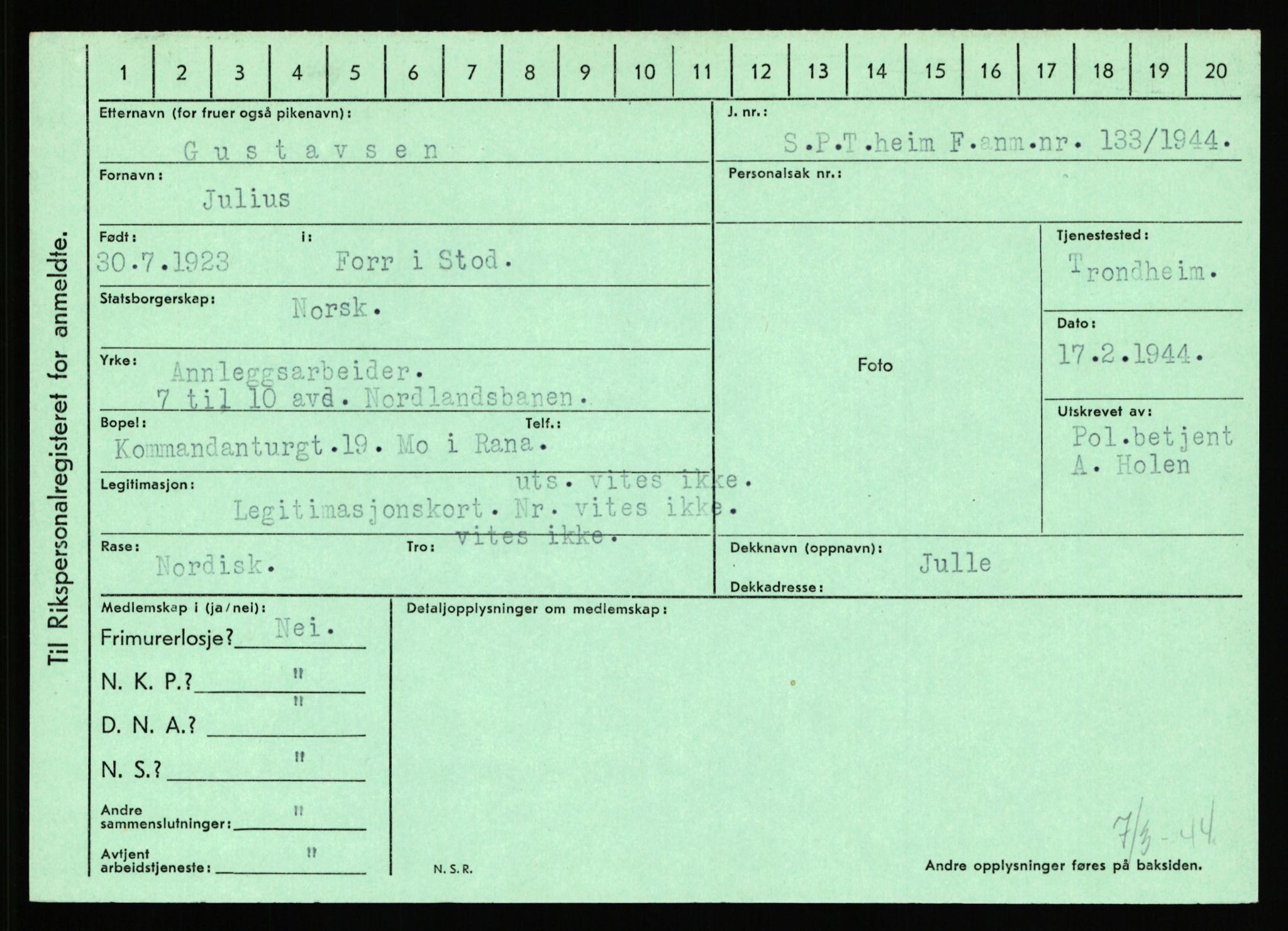 Statspolitiet - Hovedkontoret / Osloavdelingen, AV/RA-S-1329/C/Ca/L0005: Furali - Hamula, 1943-1945, s. 3284