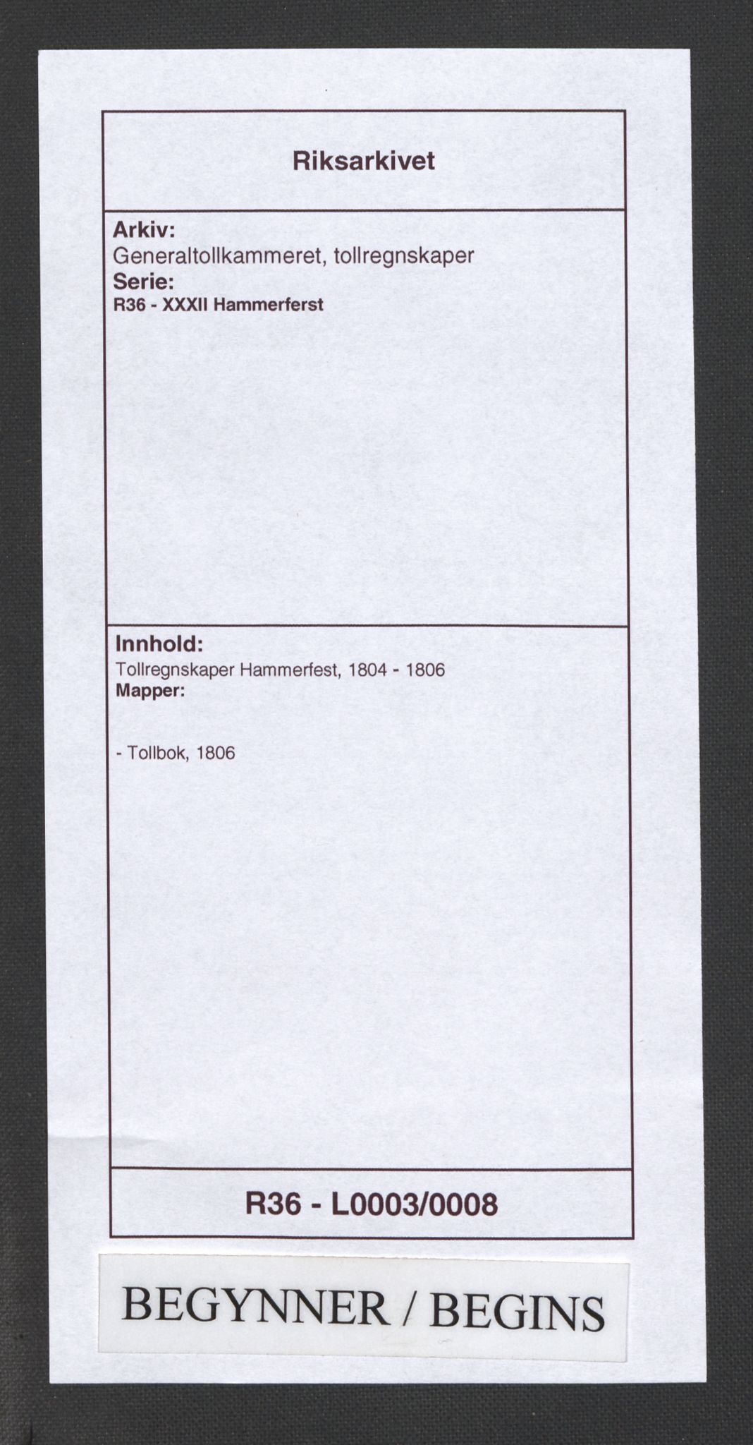 Generaltollkammeret, tollregnskaper, RA/EA-5490/R36/L0003/0008: Tollregnskaper Hammerfest / Tollbok, 1806