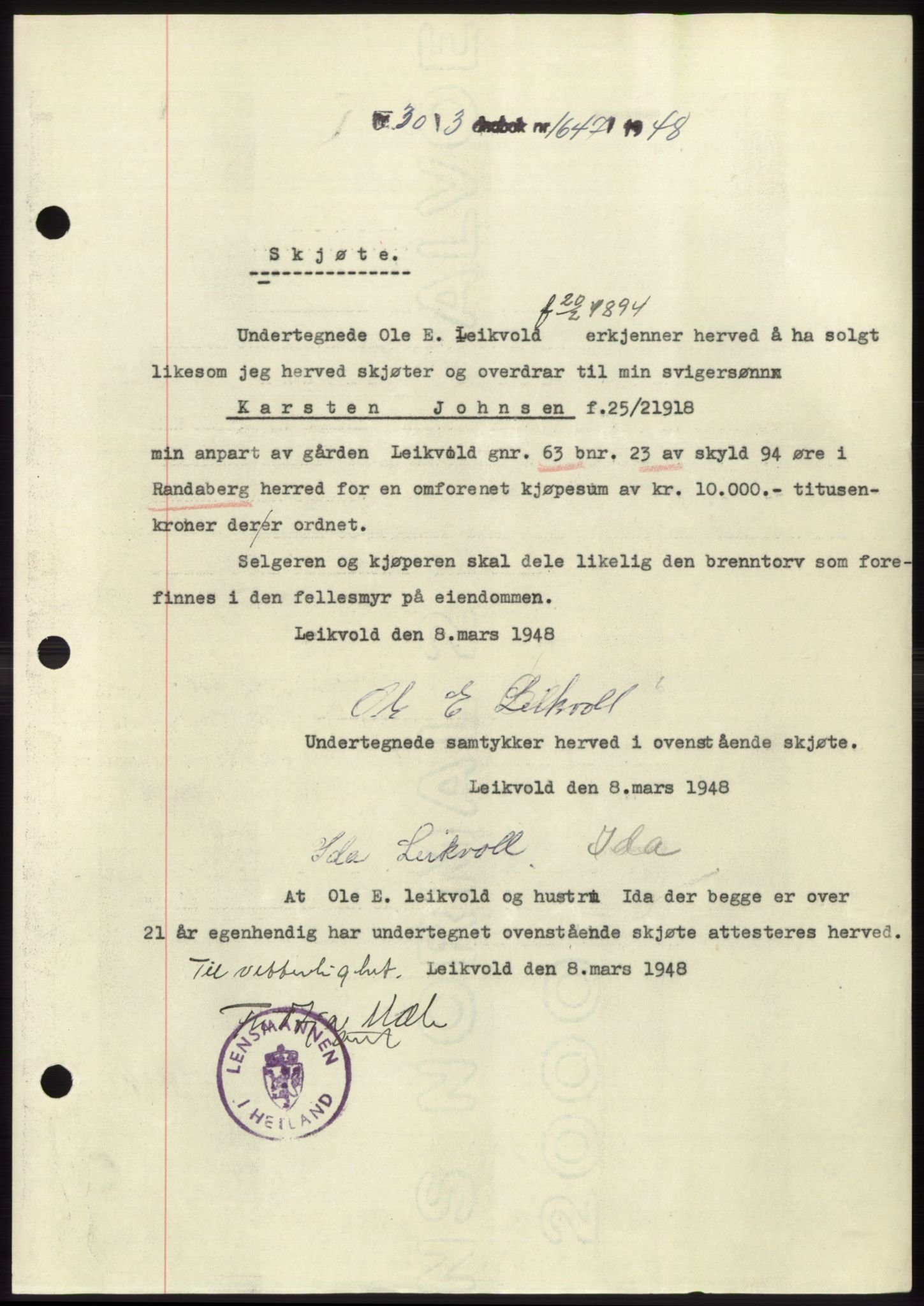 Jæren sorenskriveri, SAST/A-100310/03/G/Gba/L0098: Pantebok, 1948-1948, Dagboknr: 1647/1948