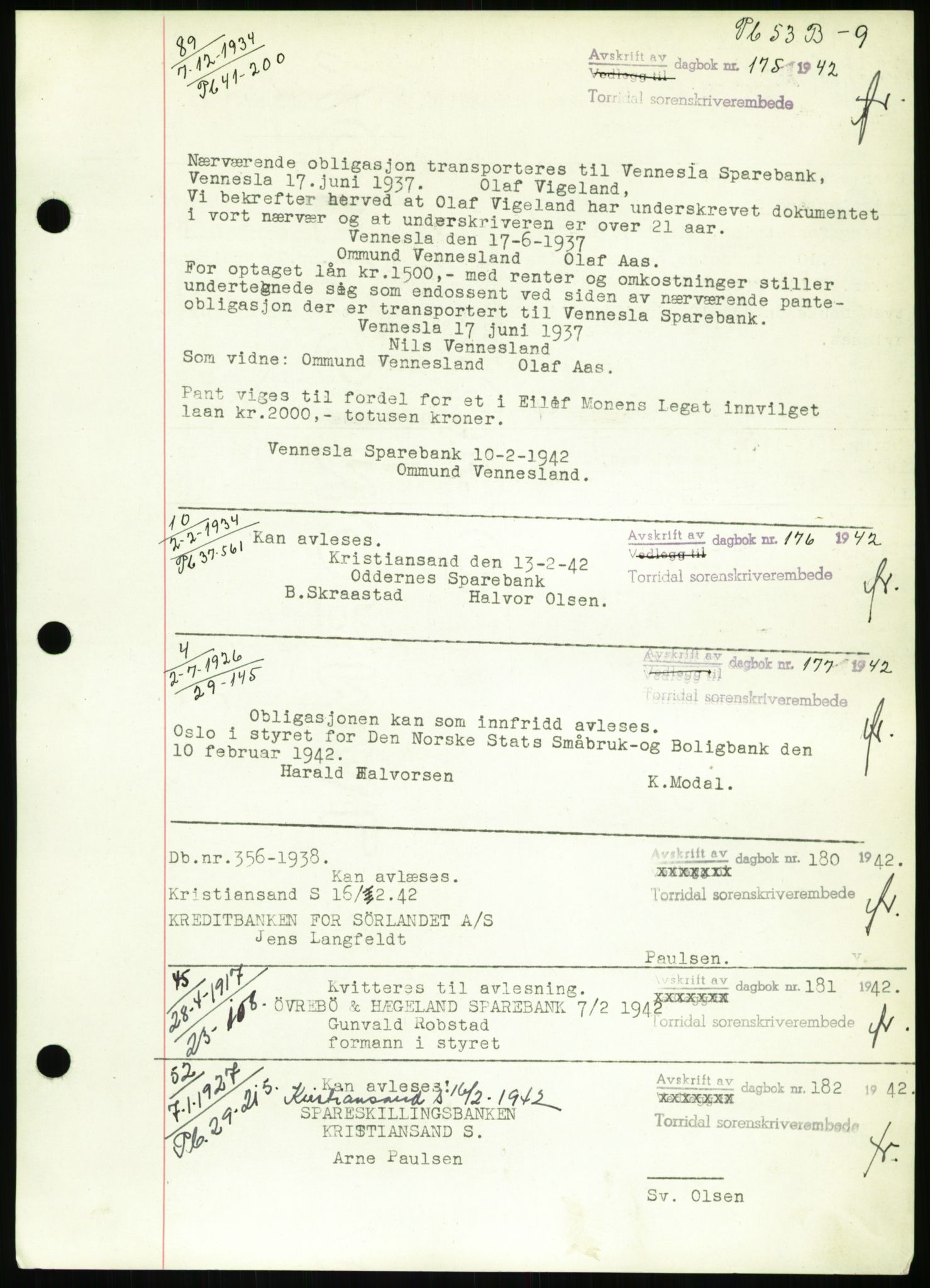 Torridal sorenskriveri, SAK/1221-0012/G/Gb/Gbb/L0009: Pantebok nr. 53b, 1942-1943, Dagboknr: 175/1942