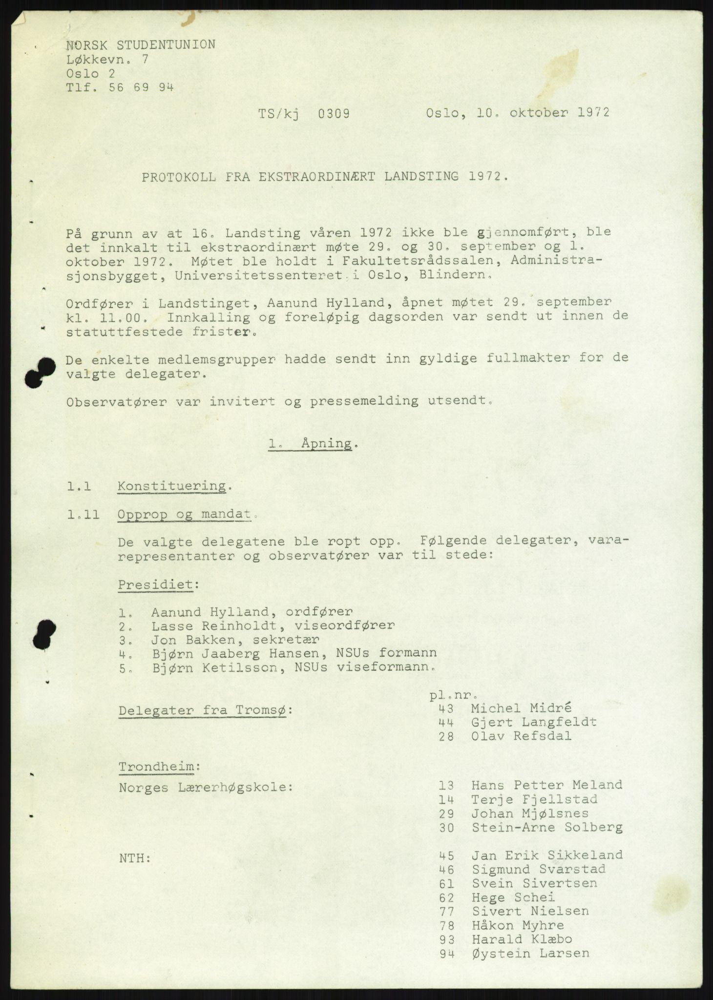 Norsk Studentunion, RA/PA-0794/Fg/L0067: Landstinget, 1968-1979