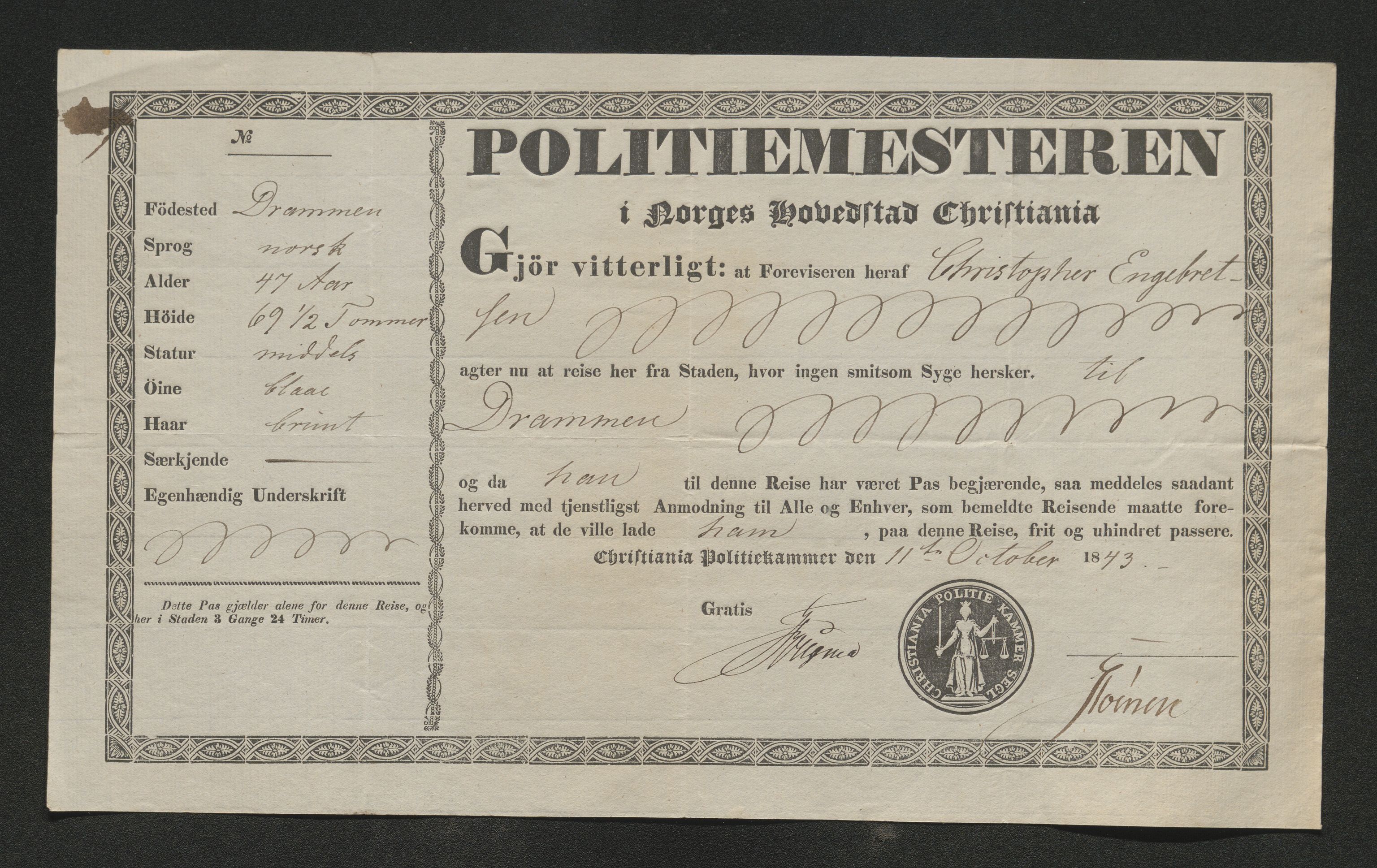 Drammen politikammer, SAKO/A-623/I/Ia/Iab/L0007: Innleverte pass, 1843-1844, s. 277