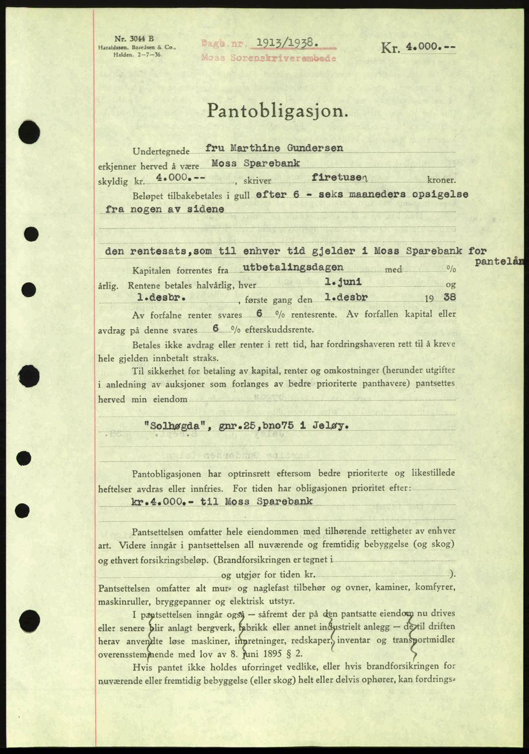 Moss sorenskriveri, SAO/A-10168: Pantebok nr. B6, 1938-1938, Dagboknr: 1913/1938