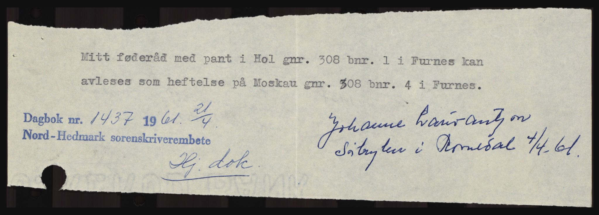 Nord-Hedmark sorenskriveri, SAH/TING-012/H/Hc/L0015: Pantebok nr. 15, 1961-1961, Dagboknr: 1437/1961