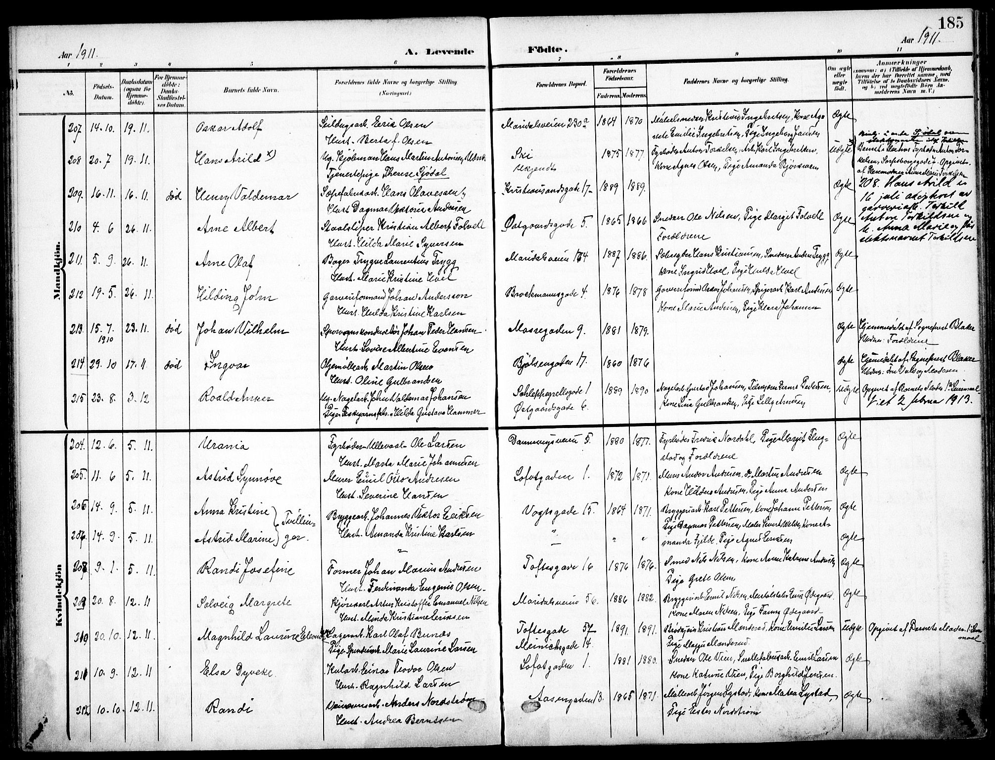Sagene prestekontor Kirkebøker, AV/SAO-A-10796/F/L0007: Ministerialbok nr. 7, 1905-1915, s. 185