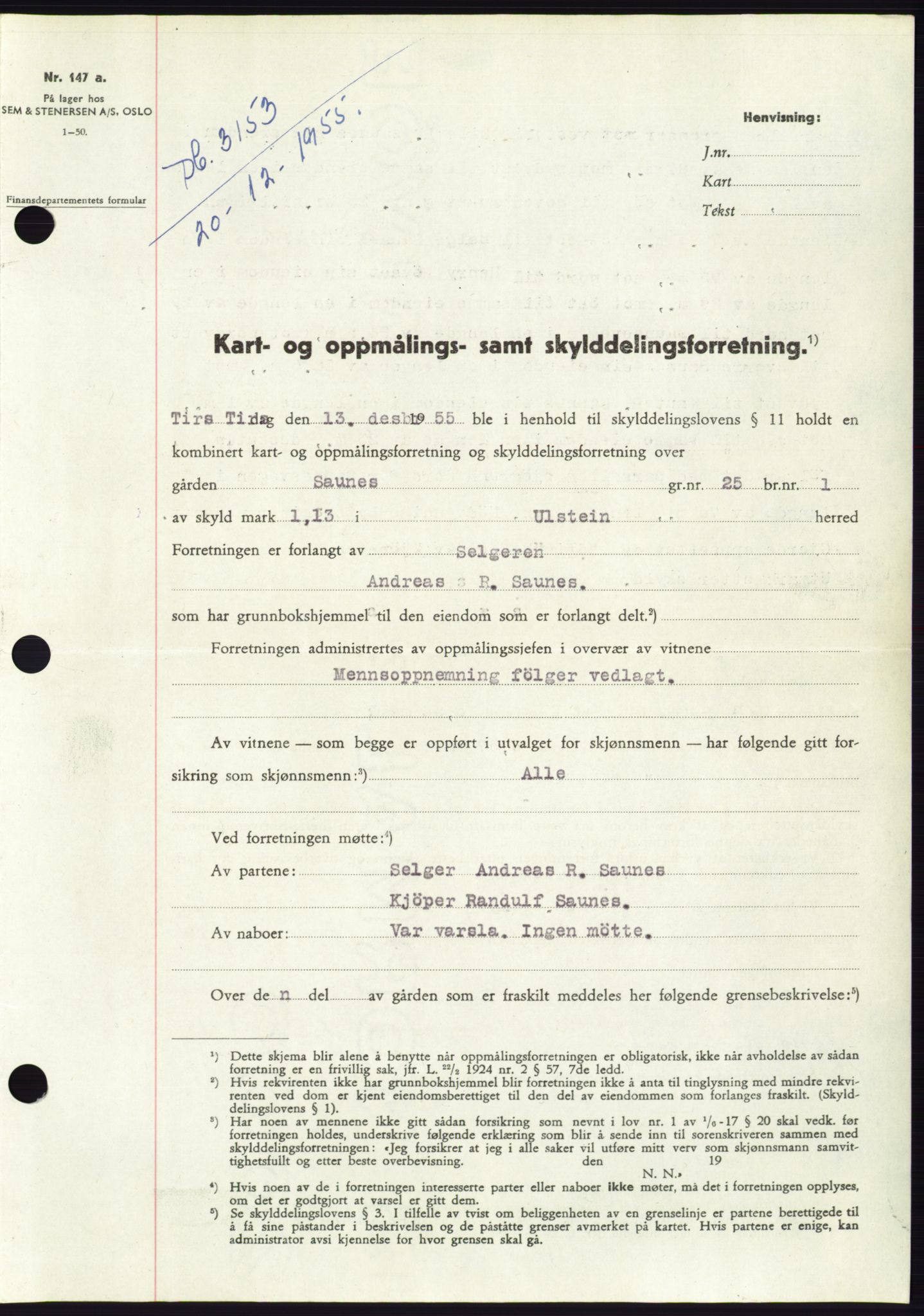 Søre Sunnmøre sorenskriveri, SAT/A-4122/1/2/2C/L0102: Pantebok nr. 28A, 1955-1956, Dagboknr: 3153/1955